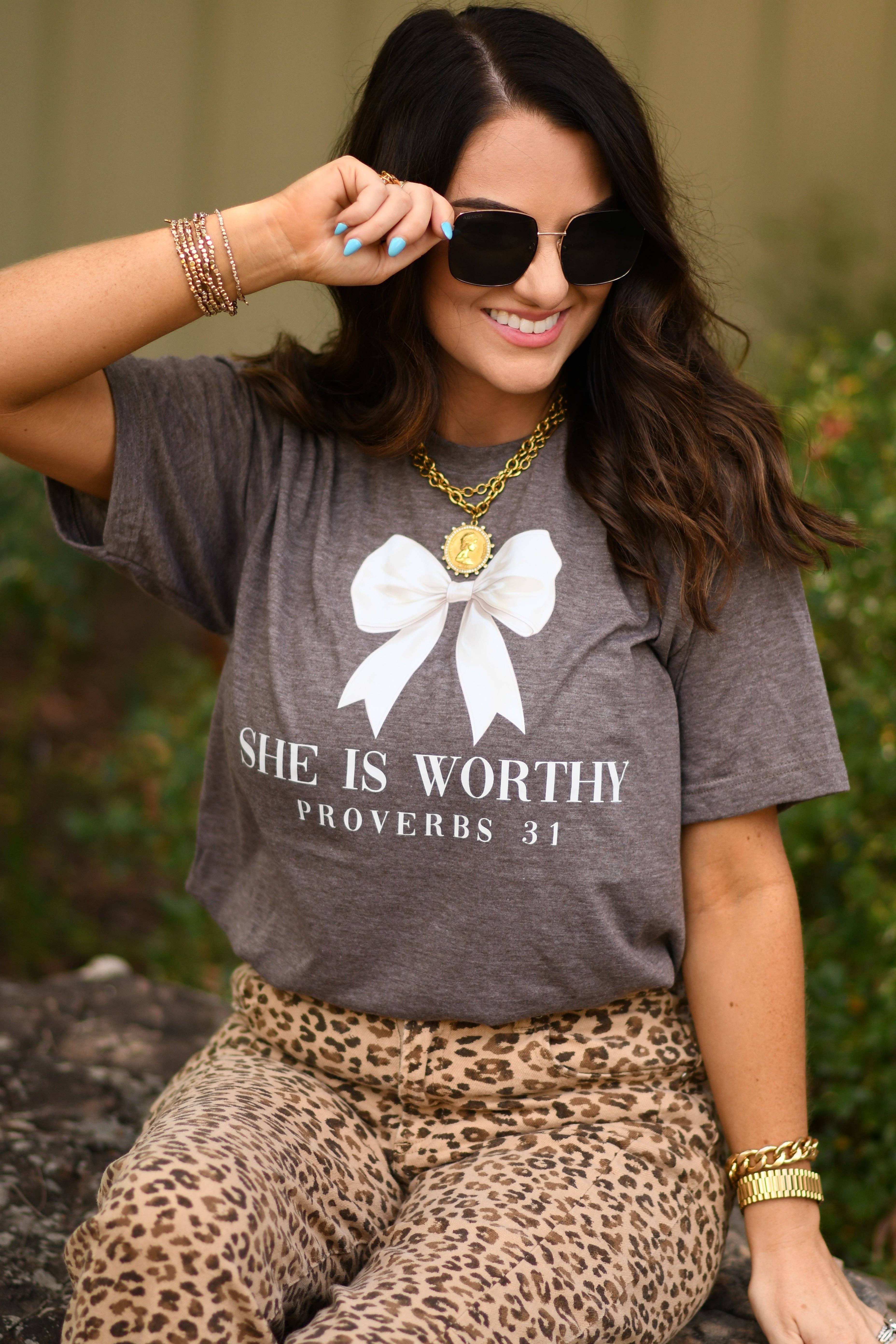 She Is Worthy White Bow Tee Hoodie, Sweatshirt | PodTeesHub.com
