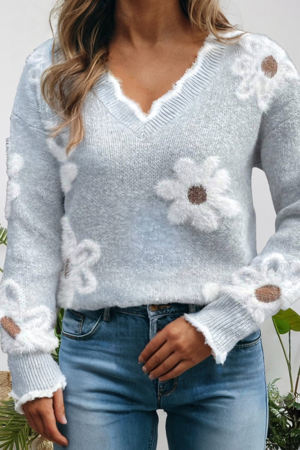 Fuzzy Floral Scalloped V Neck Plus Size Sweater T-Shirts, Hoodie, Sweatshirt | PodTeesHub.com