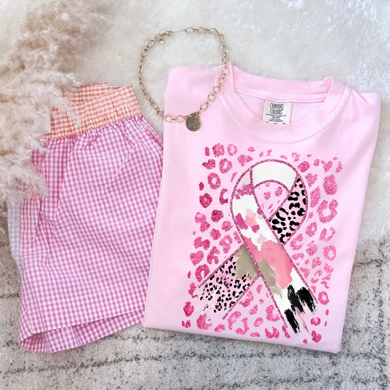 Breast Cancer Awareness Ribbon Faux Glitter Tee Hoodie, Sweatshirt | PodTeesHub.com