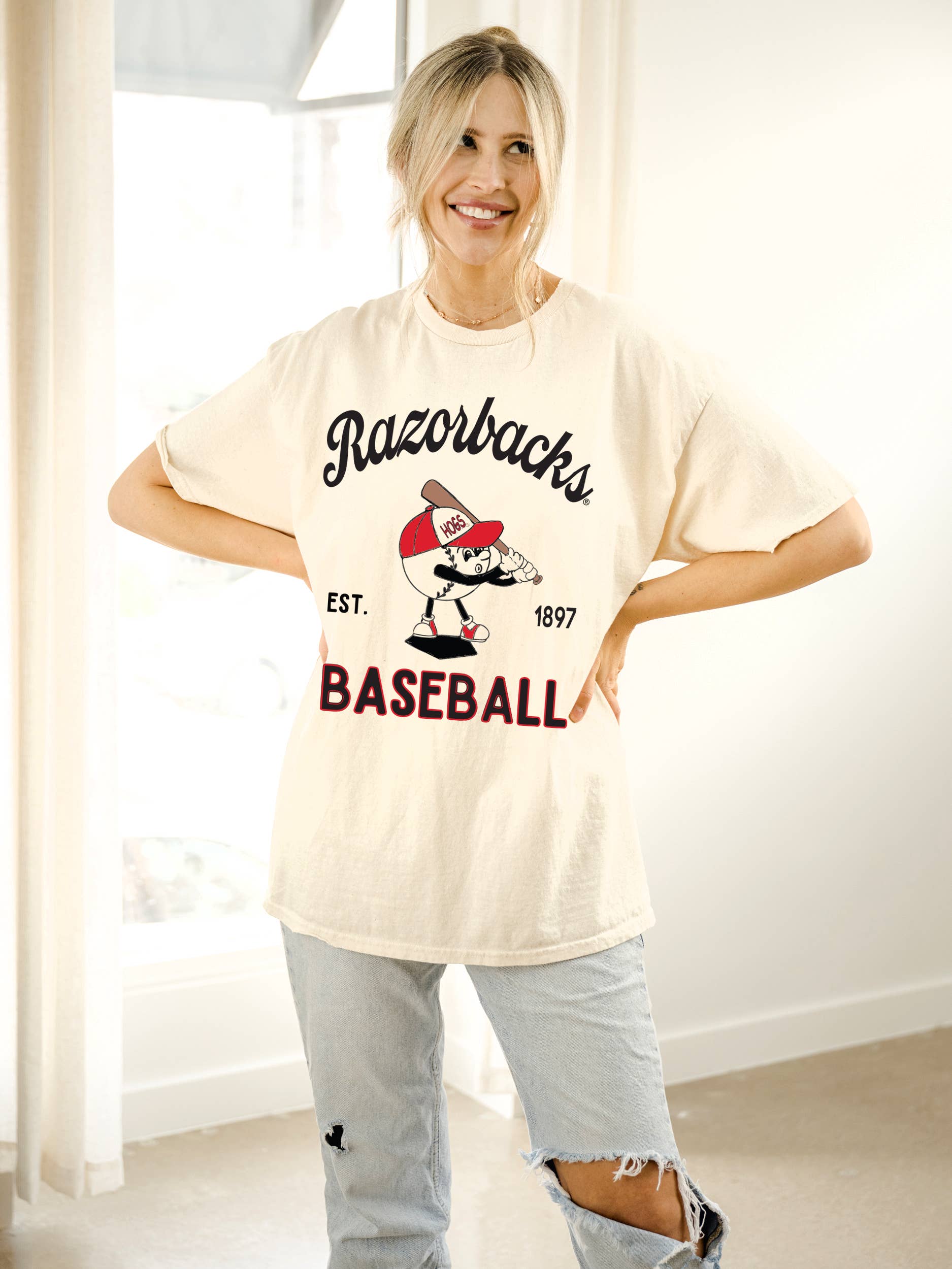 Arkansas Razorbacks Amusable Baseball Off White Thrifted Tee Hoodie, Sweatshirt | PodTeesHub.com