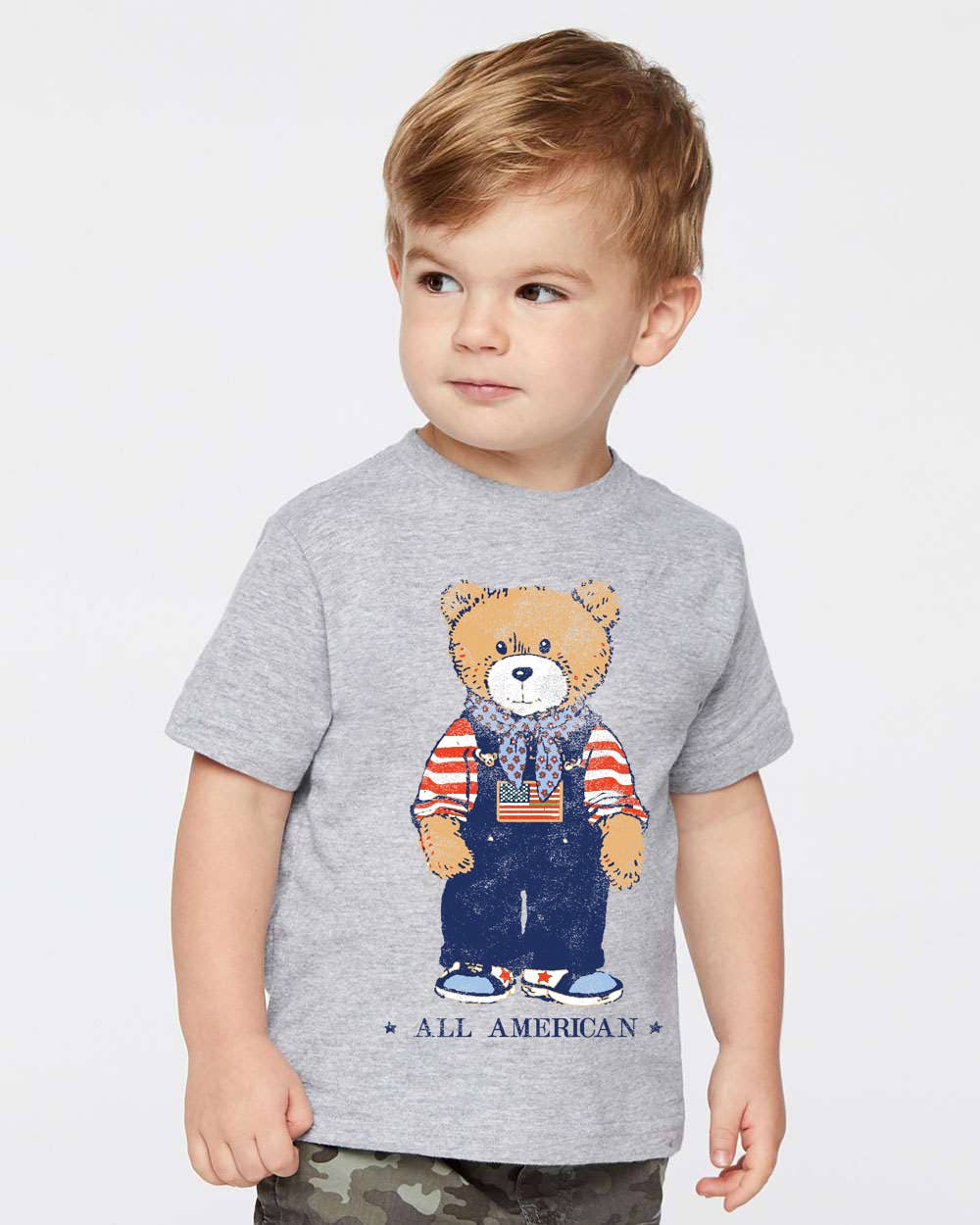 4th of July Children's All American Bear Gray Graphic Tee Hoodie, Sweatshirt | PodTeesHub.com