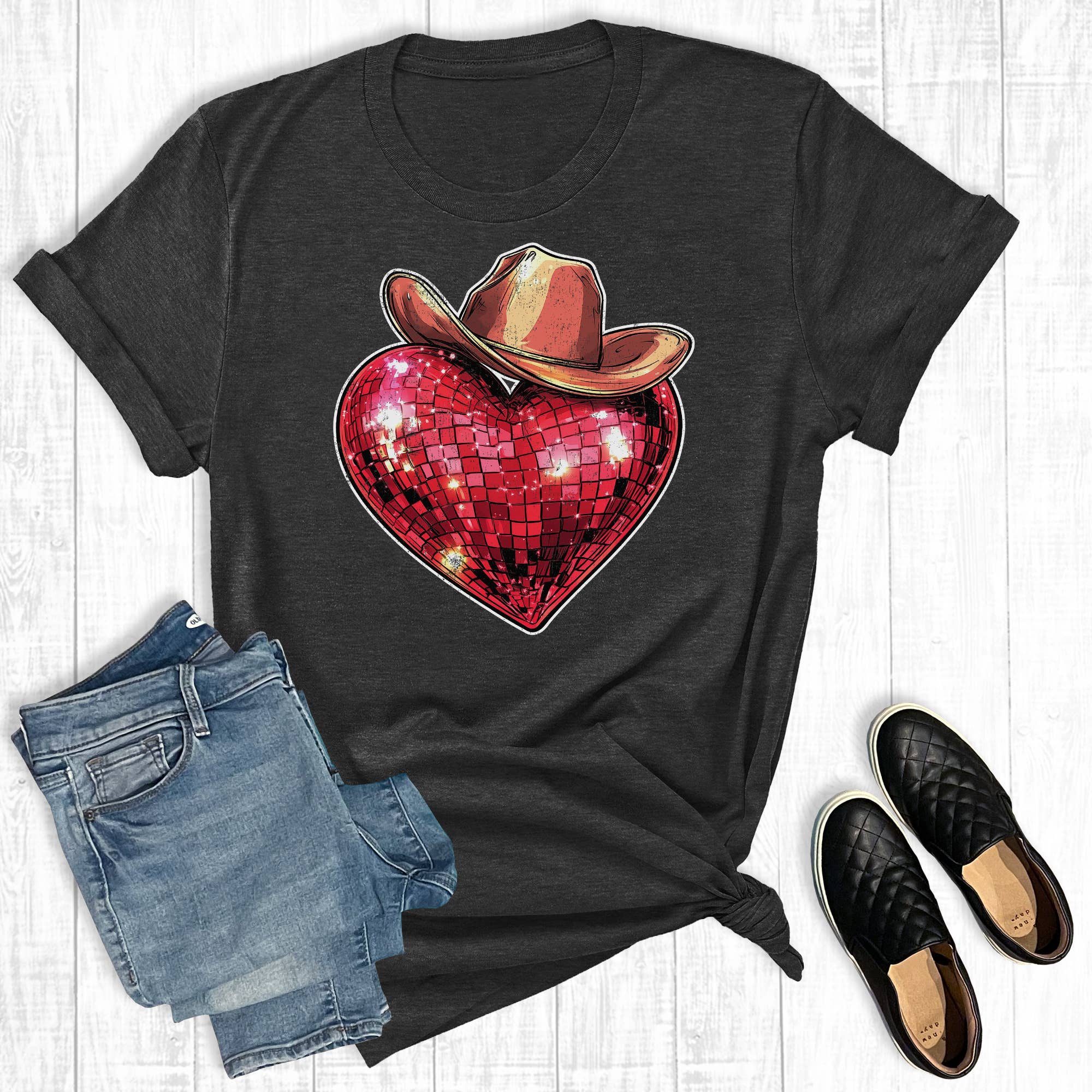 Western Valintine Disco Heart Graphic Tee Hoodie, Sweatshirt | PodTeesHub.com
