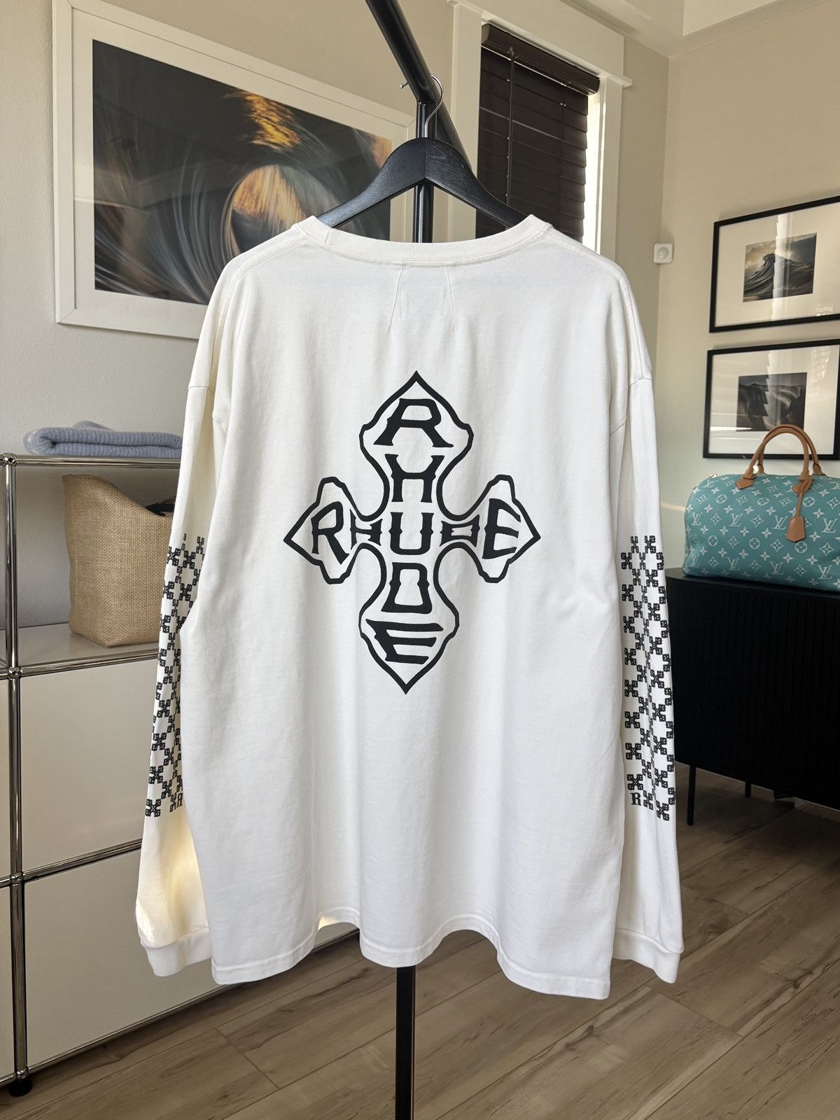 Rhude Long Sleeve Tee Biker Cross Logo Hoodie, Sweatshirt | PodTeesHub.com