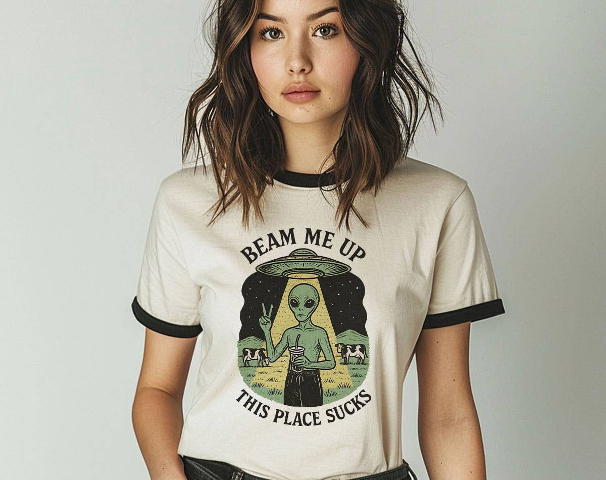 Beam Me Up, This Place Sucks Funny Alien Ringer T-Shirt Hoodie, Sweatshirt | PodTeesHub.com