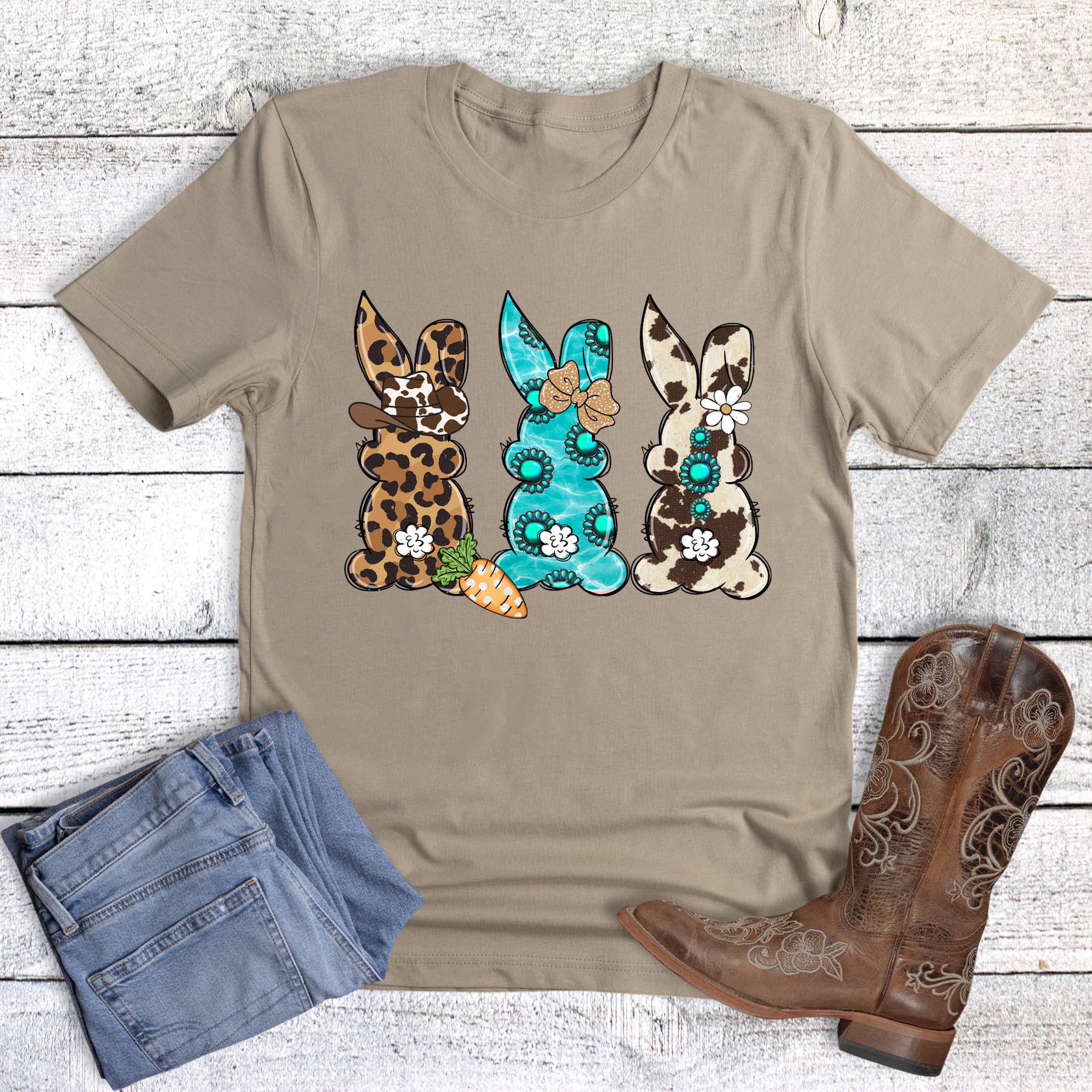 Easter Western Turquoise Bunny Graphic Tee Hoodie, Sweatshirt | PodTeesHub.com