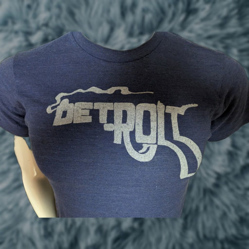 Vintage Retro Homage Detroit Smoking Gun Logo Small Blue Cotton Blend Crew Neck Short Sleeve T-Shirts, Hoodie, Sweatshirt