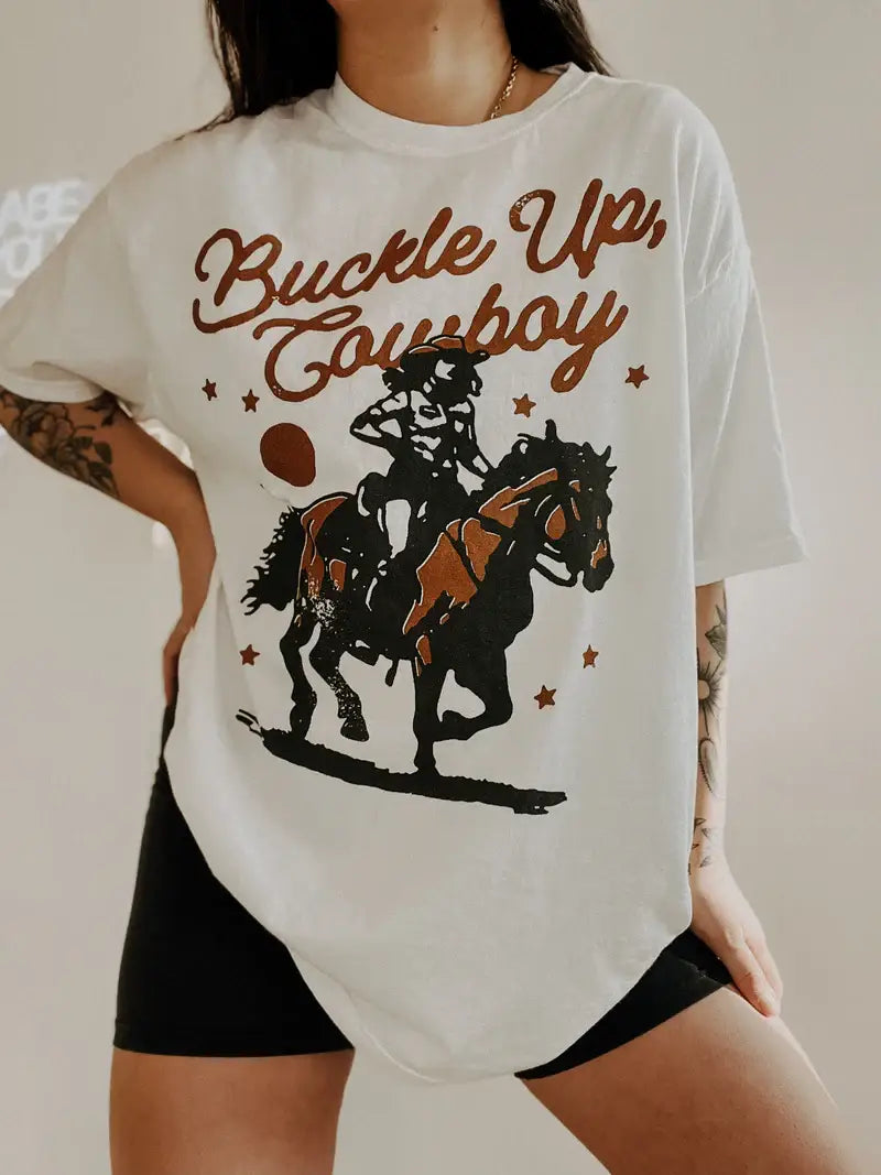 Buckle Up Cowboy Western Graphic Tee - White Hoodie, Sweatshirt | PodTeesHub.com