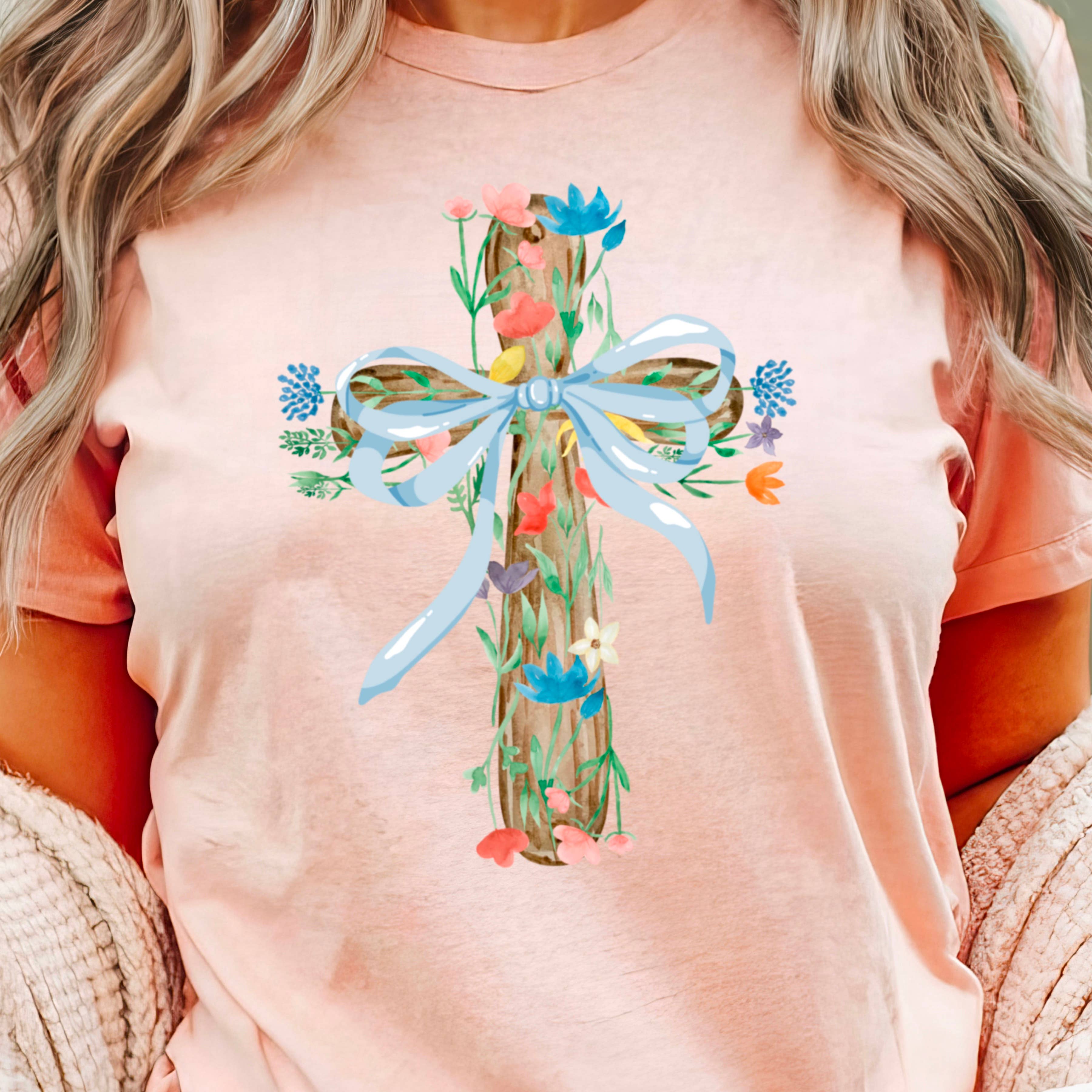 Easter Graphic Tee | Coquette Floral Cross | Bella Canvas Hoodie, Sweatshirt | PodTeesHub.com