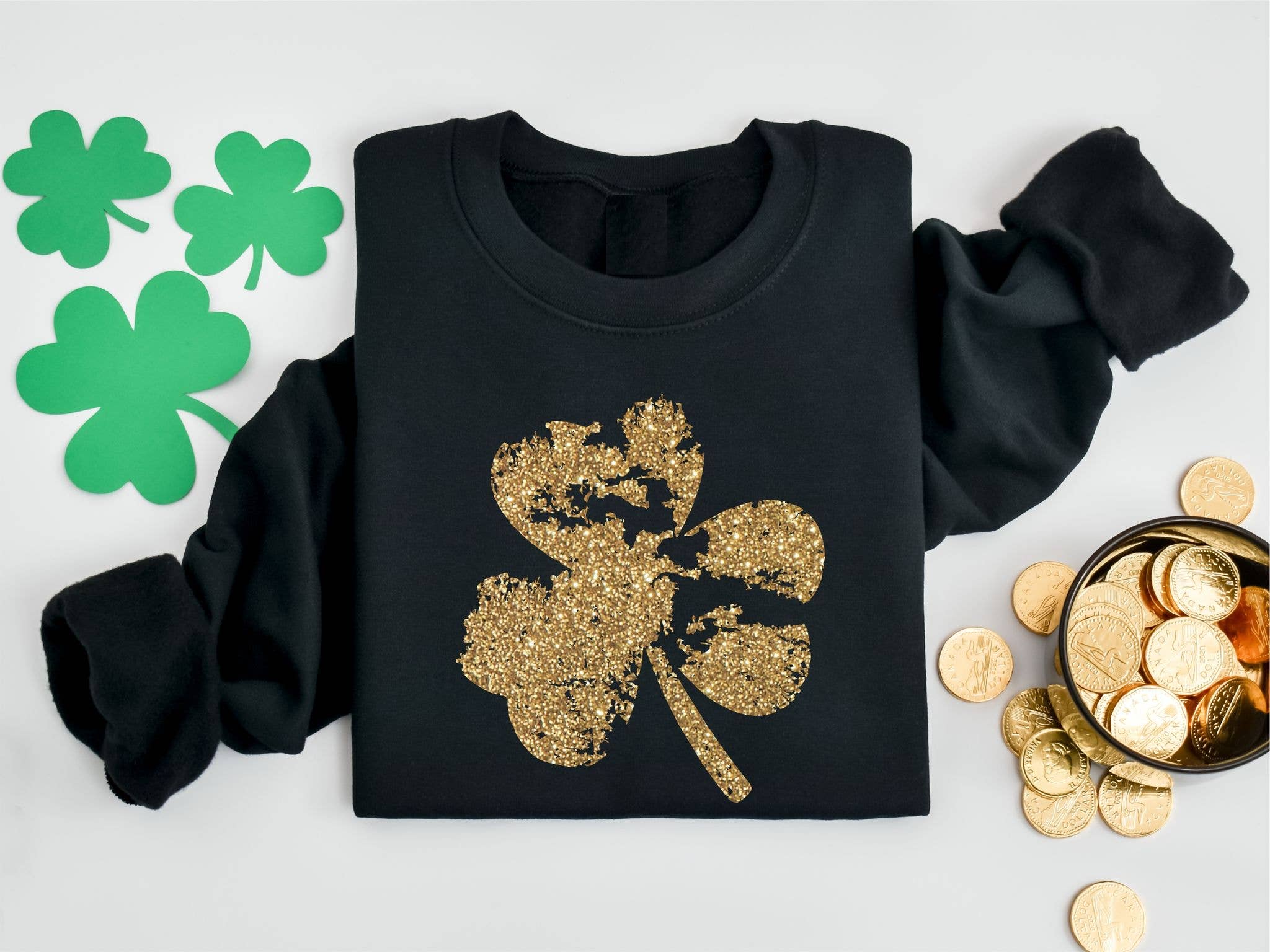New St Patty Gold Glitter Shamrock Black Graphic Sweatshirt T-Shirts, Hoodie | PodTeesHub.com