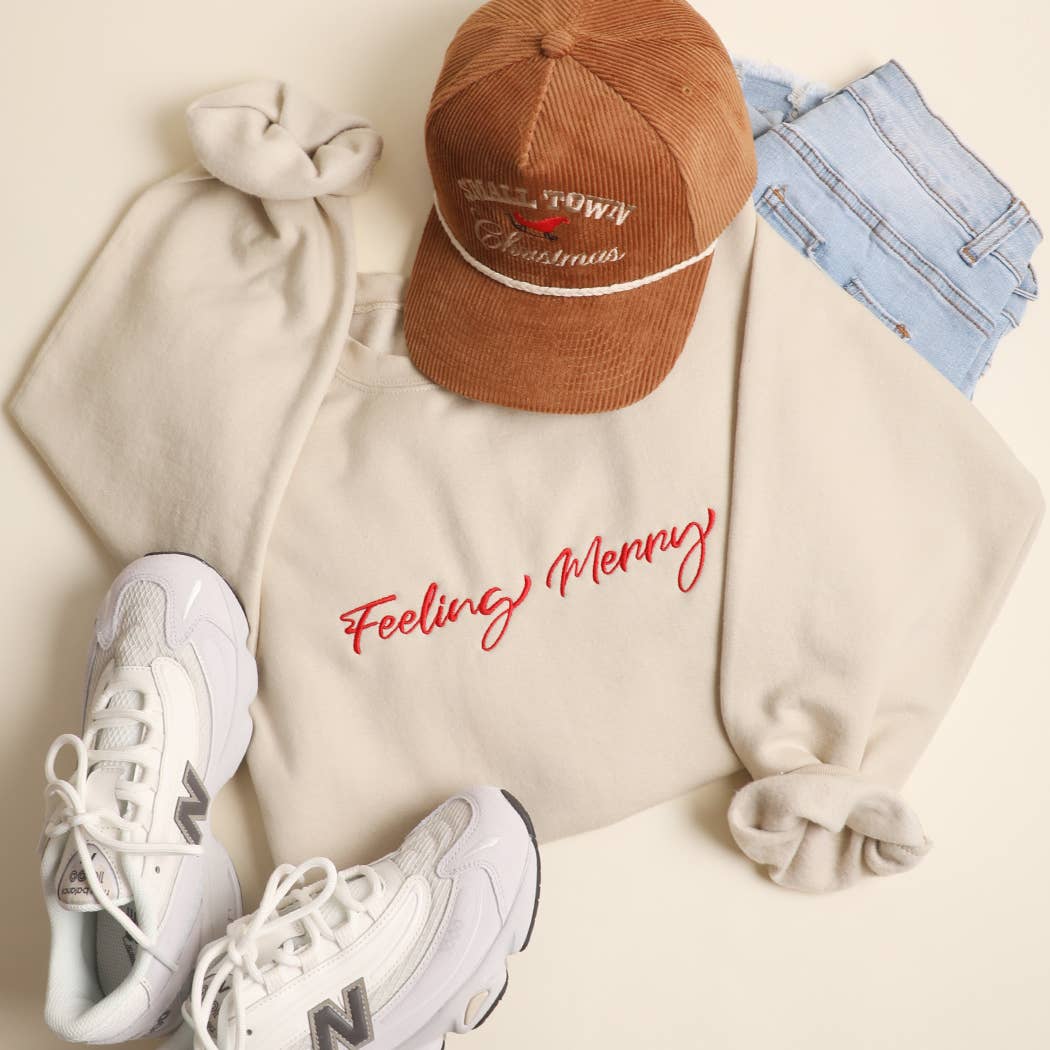 Feeling Merry Embroidered Fleece Heavyweight Sweatshirt T-Shirts, Hoodie | PodTeesHub.com