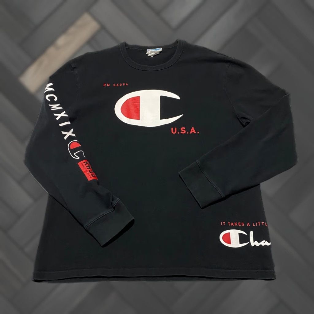 Champion T Shirt Long Sleeve Black M Mens Large Cotton Logo Graphic Print Crew Neck Vintage Hoodie, Sweatshirt