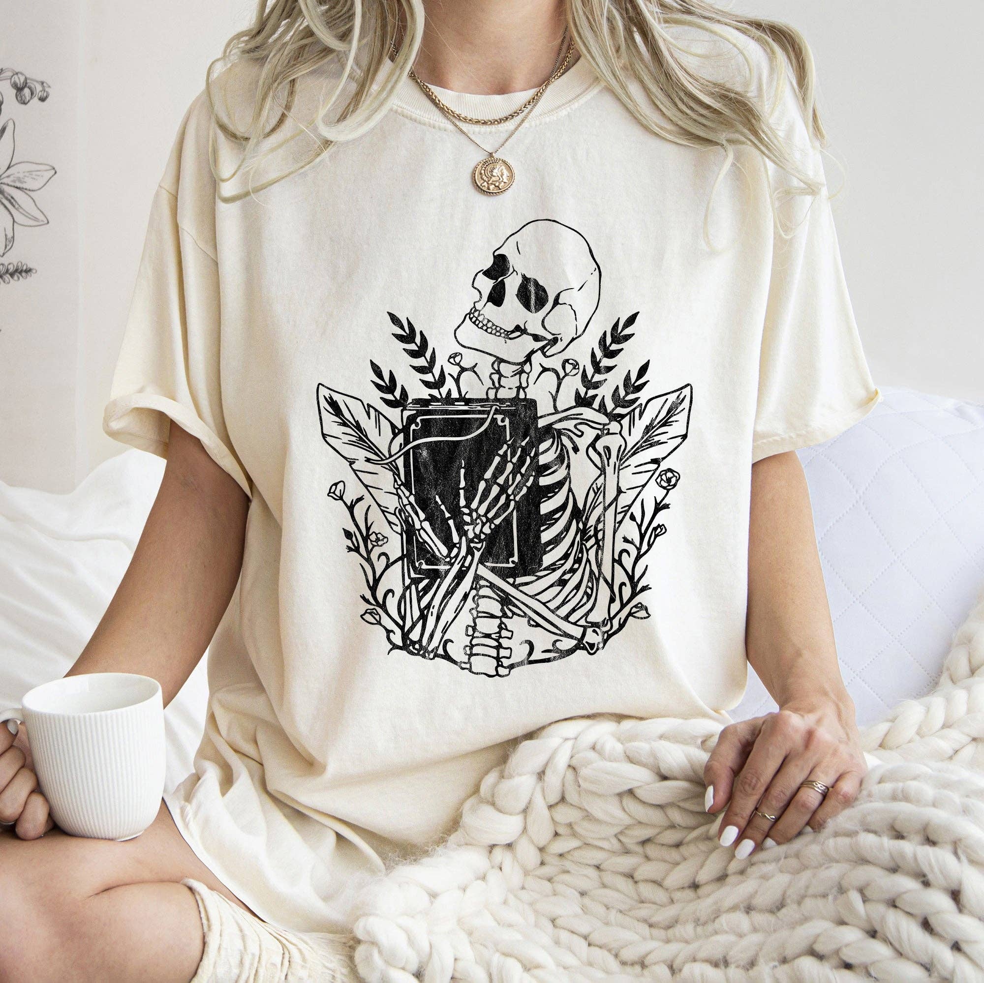 Skeleton and the Book Retro Halloween T-Shirt Black Print Hoodie, Sweatshirt | PodTeesHub.com