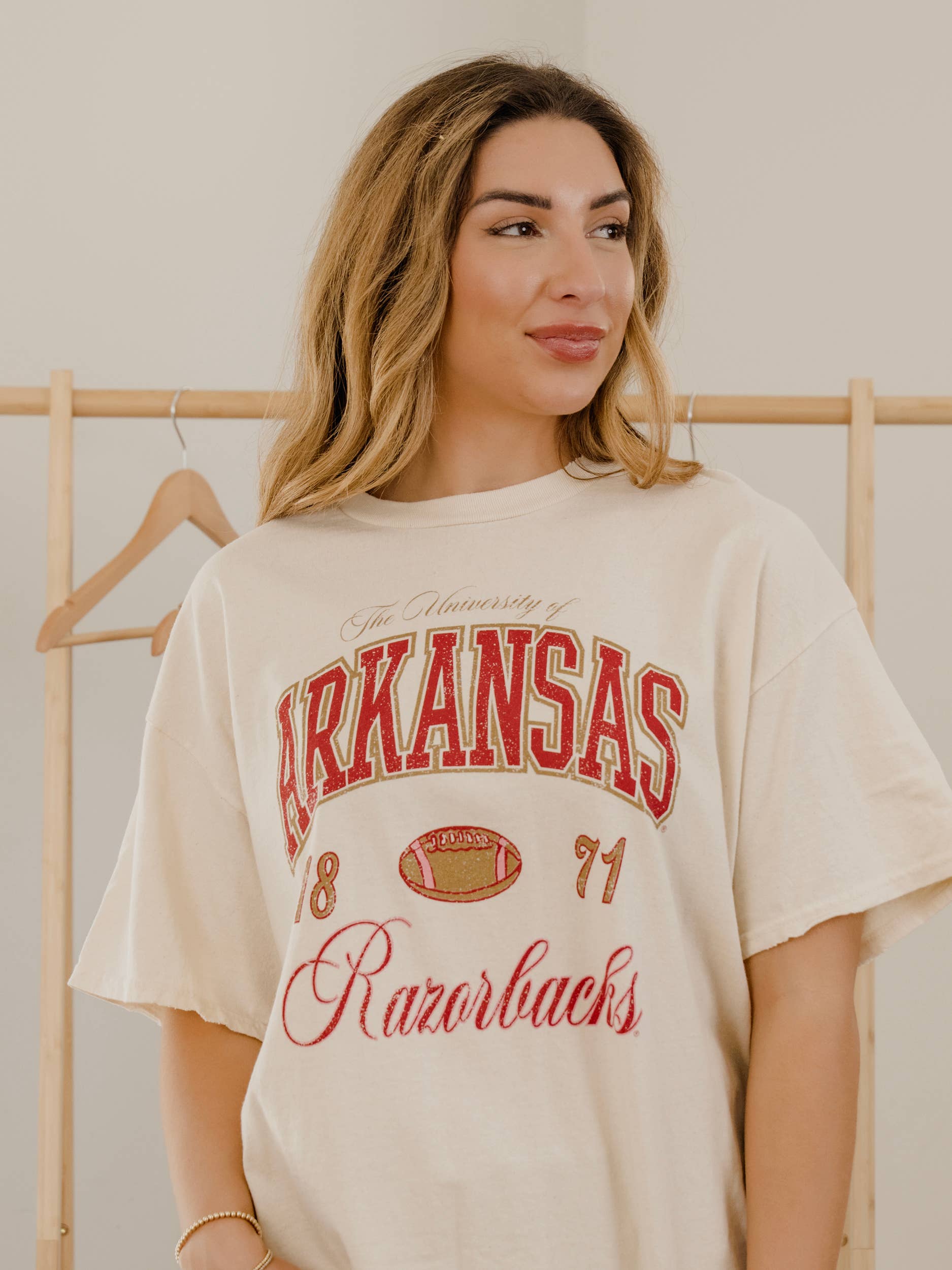 Arkansas Razorbacks Wave Arch Off White Thrifted Tee Hoodie, Sweatshirt | PodTeesHub.com