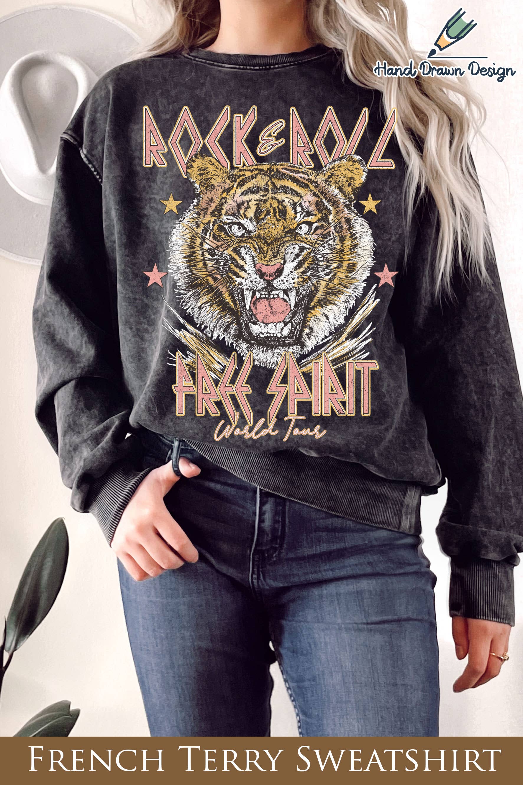 Rock&Roll Tiger Hand Drawn Mineral Terry Sweatshirt T-Shirts, Hoodie | PodTeesHub.com