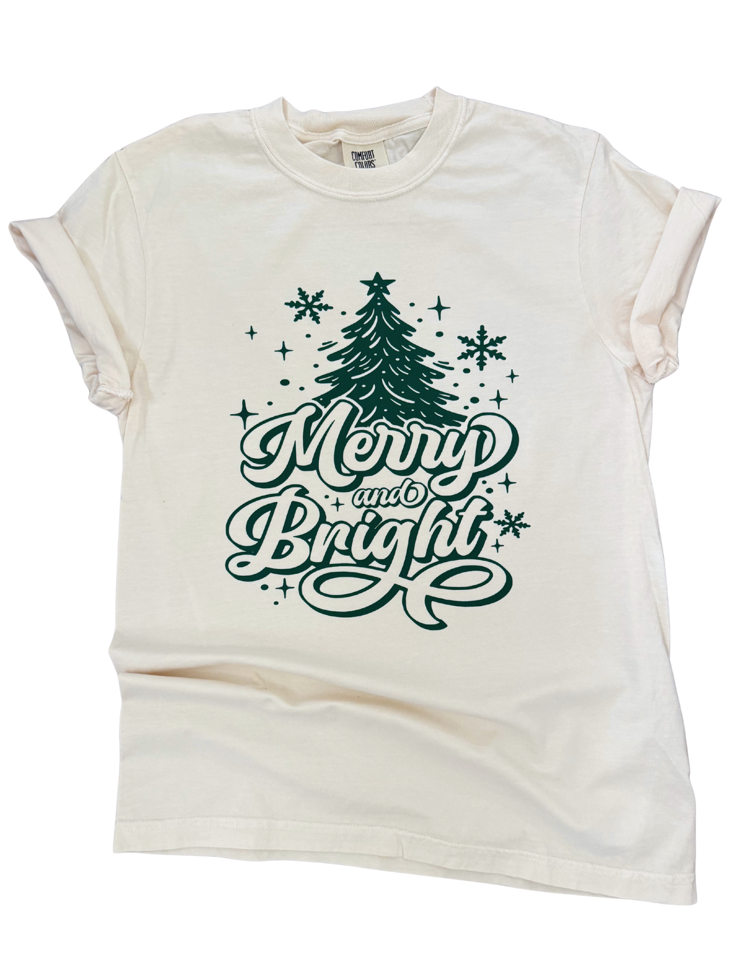 Merry + Bright Script – Whimsical Christmas Tree Tee Hoodie, Sweatshirt | PodTeesHub.com
