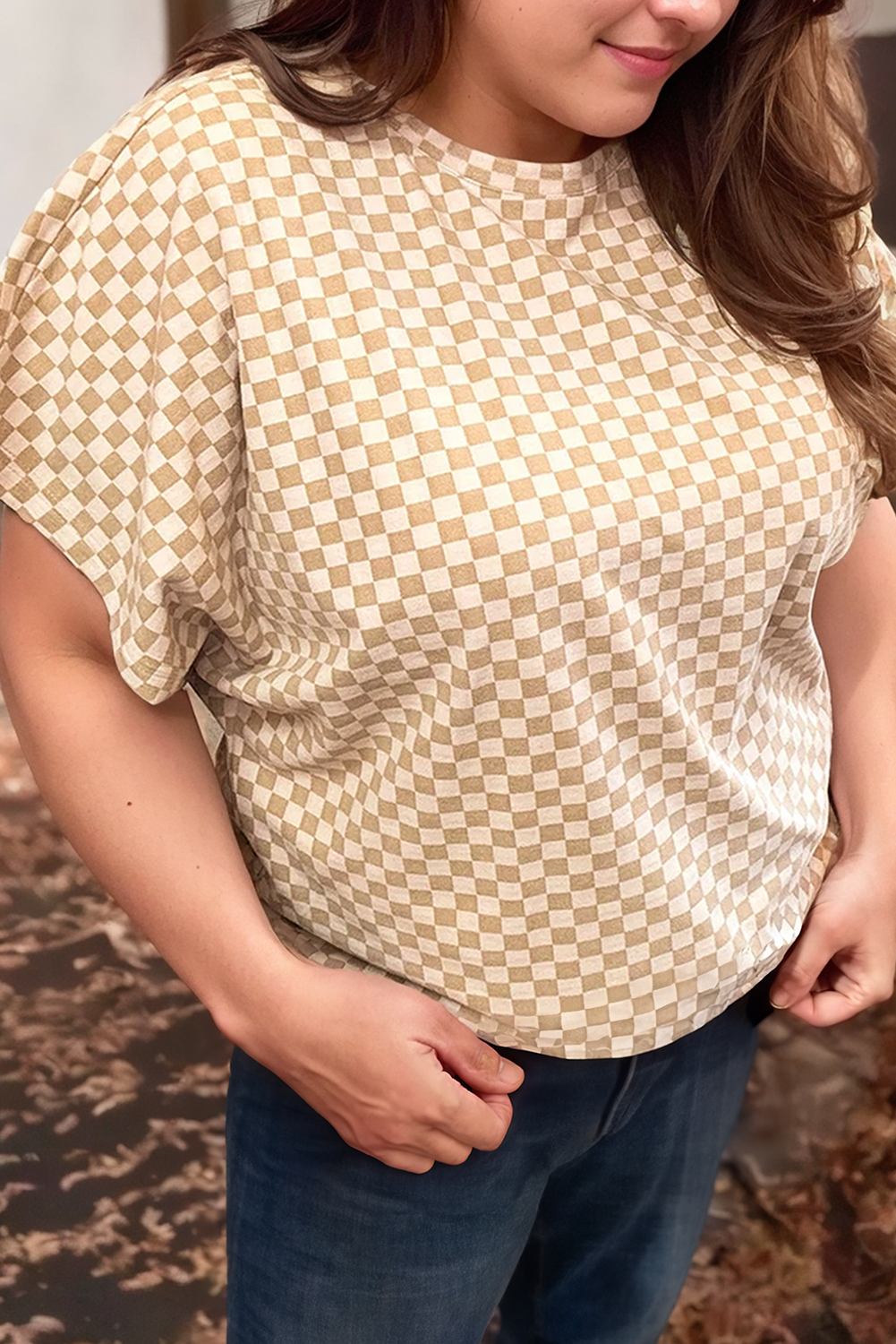 Plus Size Checkered Batwing Sleeve Crew Neck T Shirt Hoodie, Sweatshirt | PodTeesHub.com