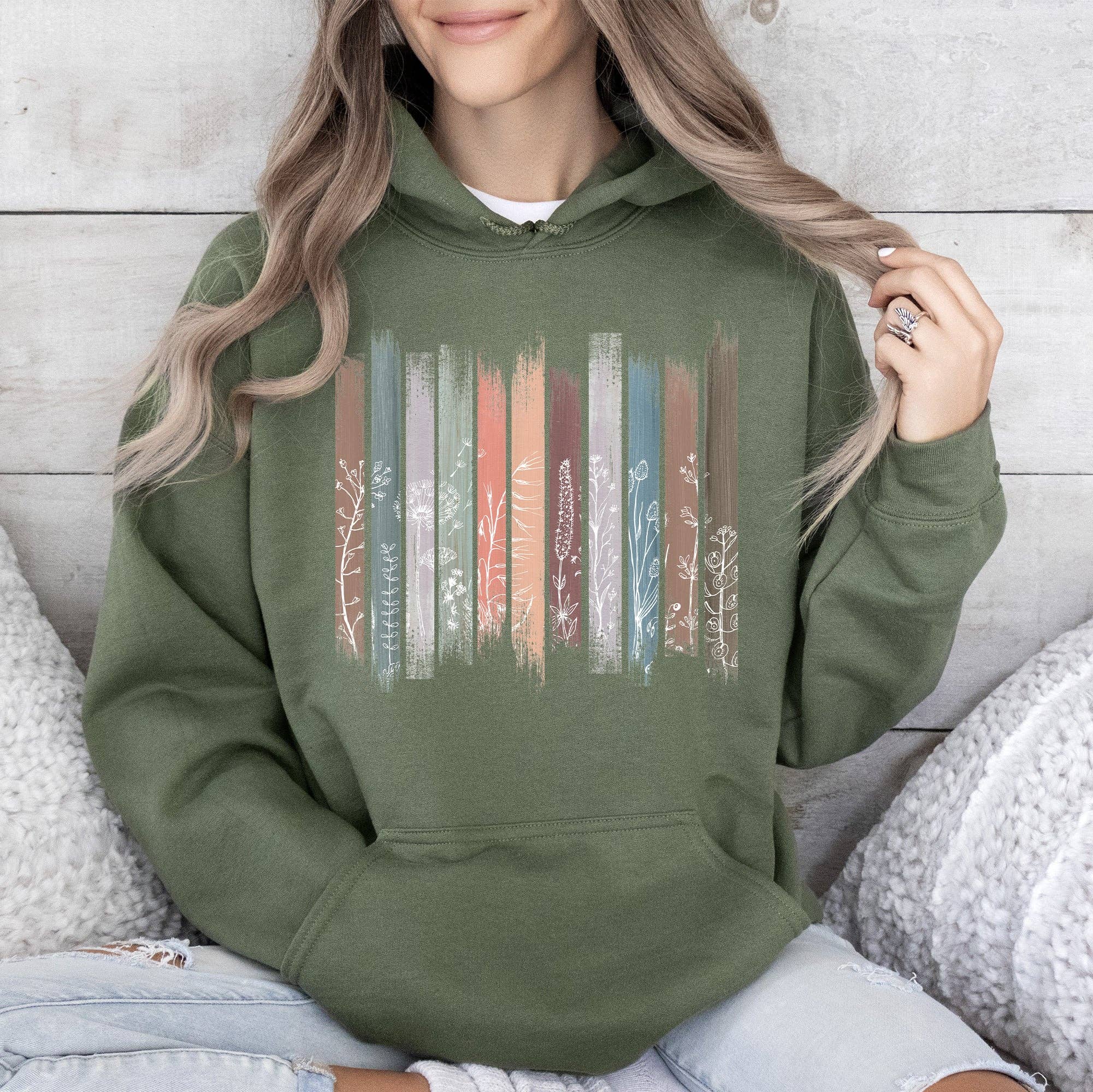 Wildflowers, Nature, Floral, Botanical Stripes Hoodie T-Shirts, Sweatshirt | PodTeesHub.com
