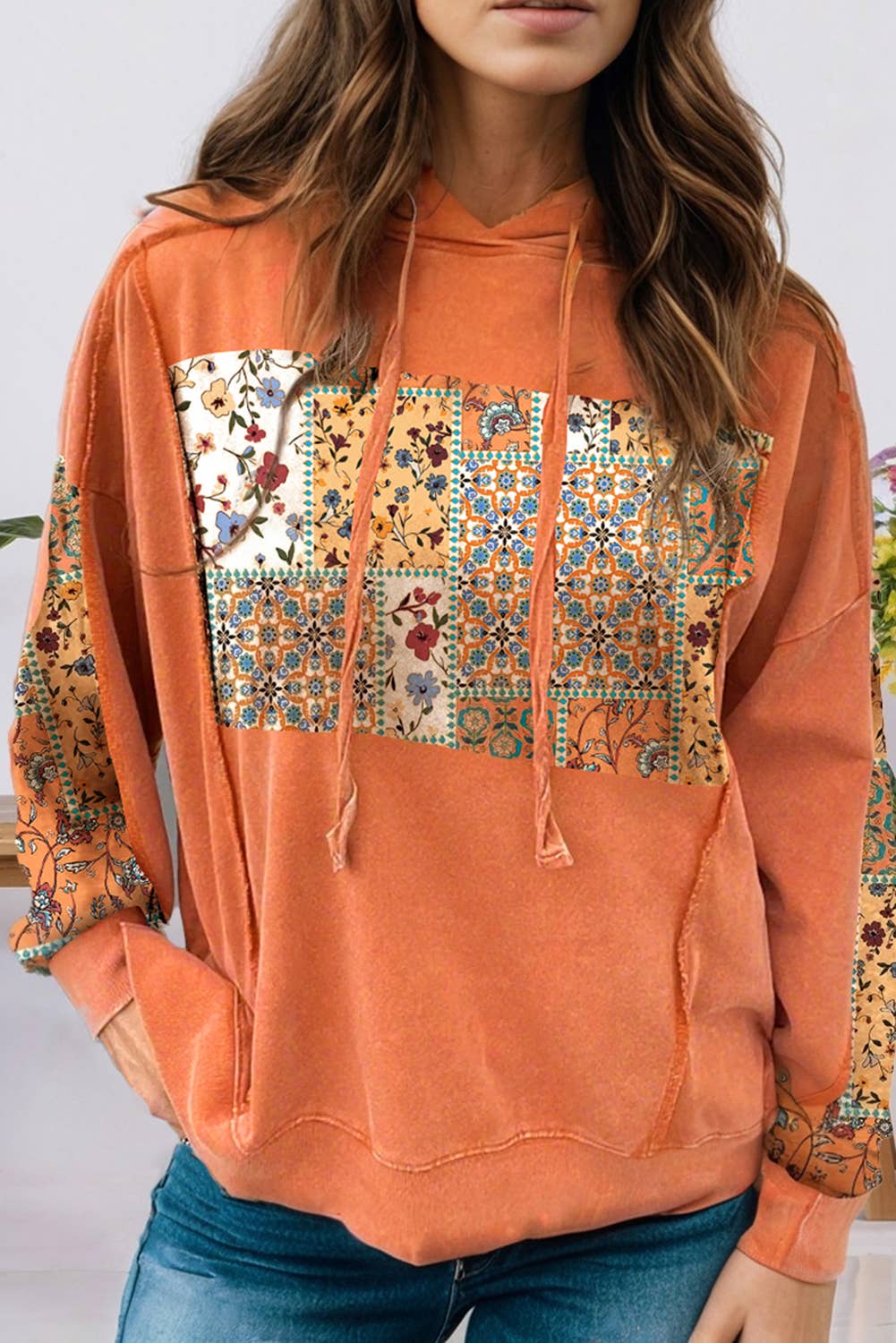 Fall Mix Floral Patchwork Side Slit Drawstring Hoodie (S-Xl) T-Shirts, Sweatshirt | PodTeesHub.com