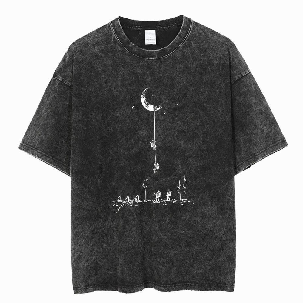 Japanese Brand Y2k Vintage Astronaut Space Moon Print Washed T Shirt Hoodie, Sweatshirt | PodTeesHub.com