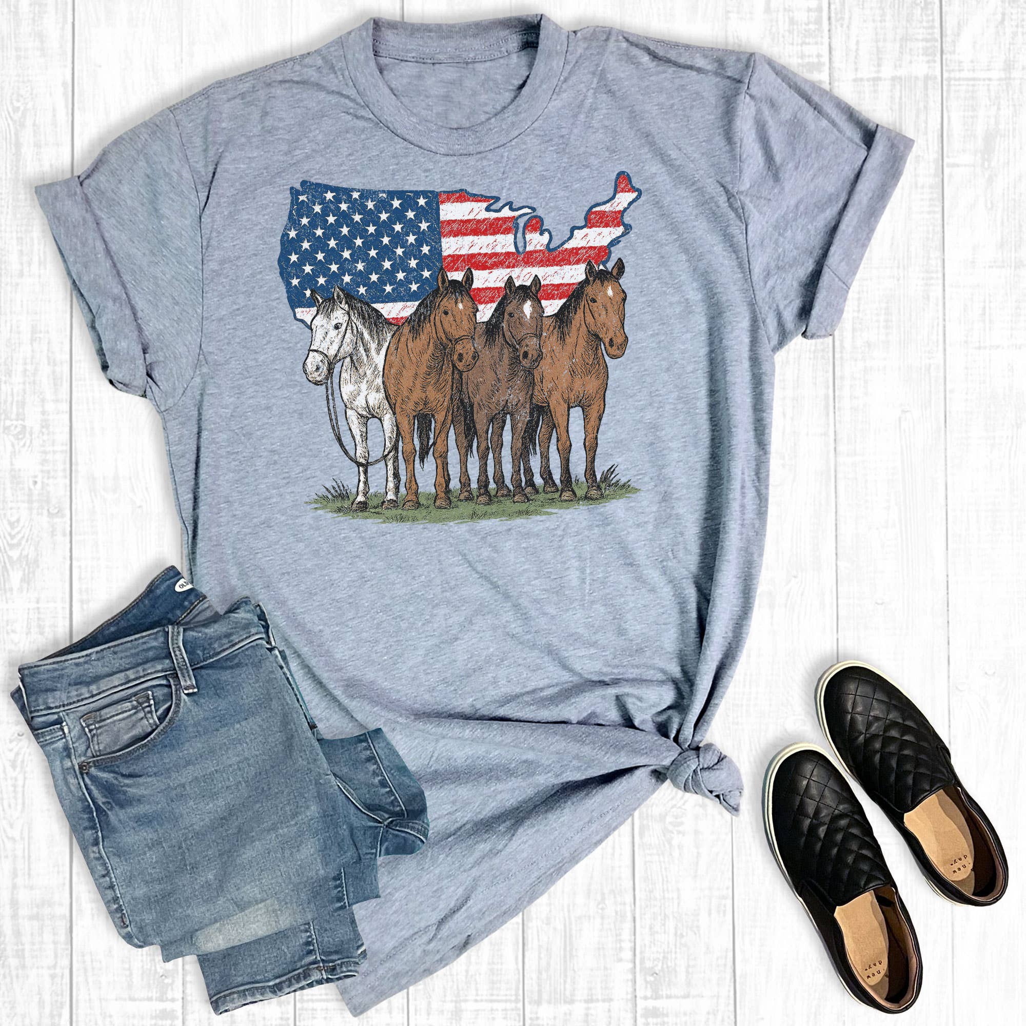 Western 4th of July Patriotic Horses Graphic Tee Hoodie, Sweatshirt | PodTeesHub.com