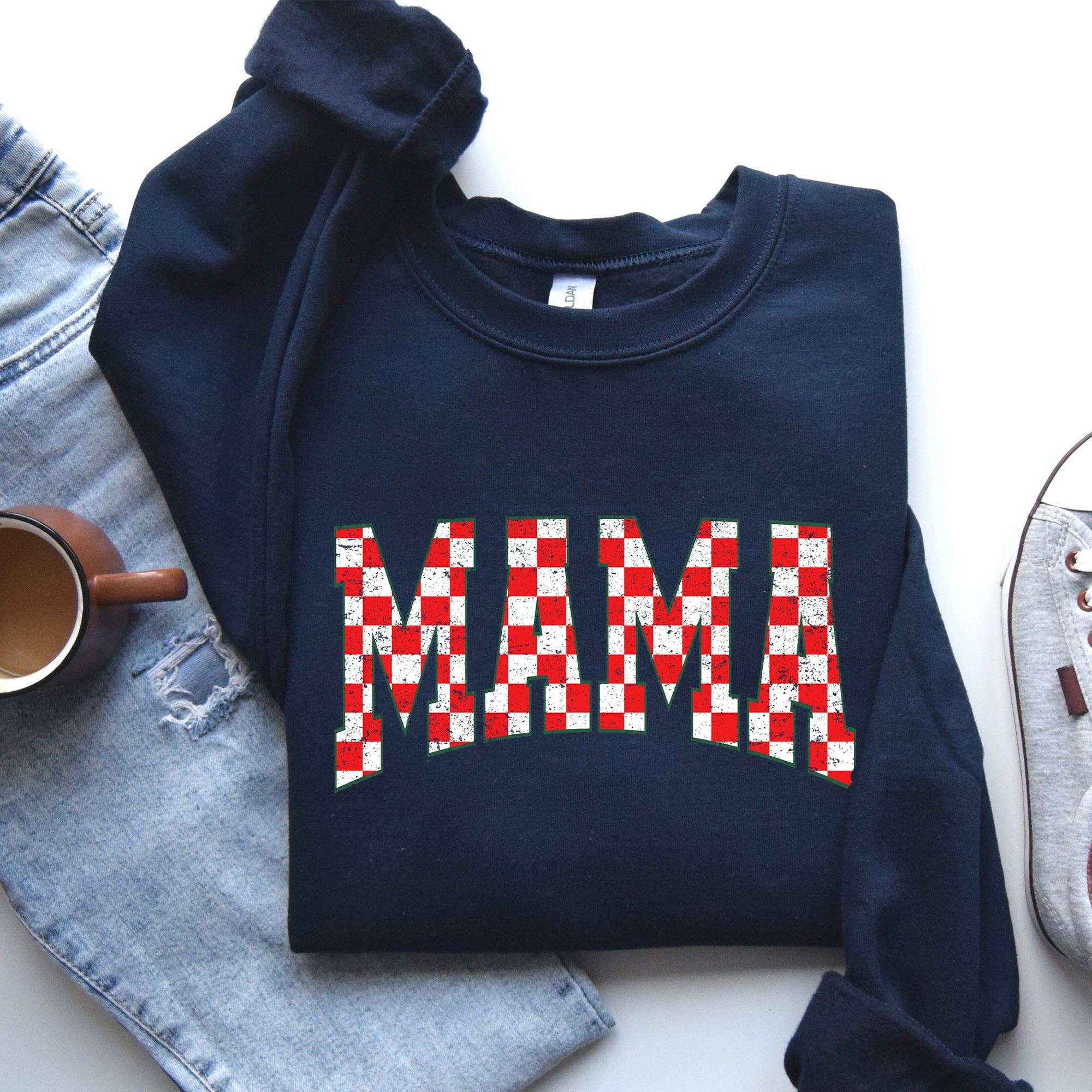 Mama, Christmas Checkered, Red, White, Retro Sweatshirt T-Shirts, Hoodie | PodTeesHub.com