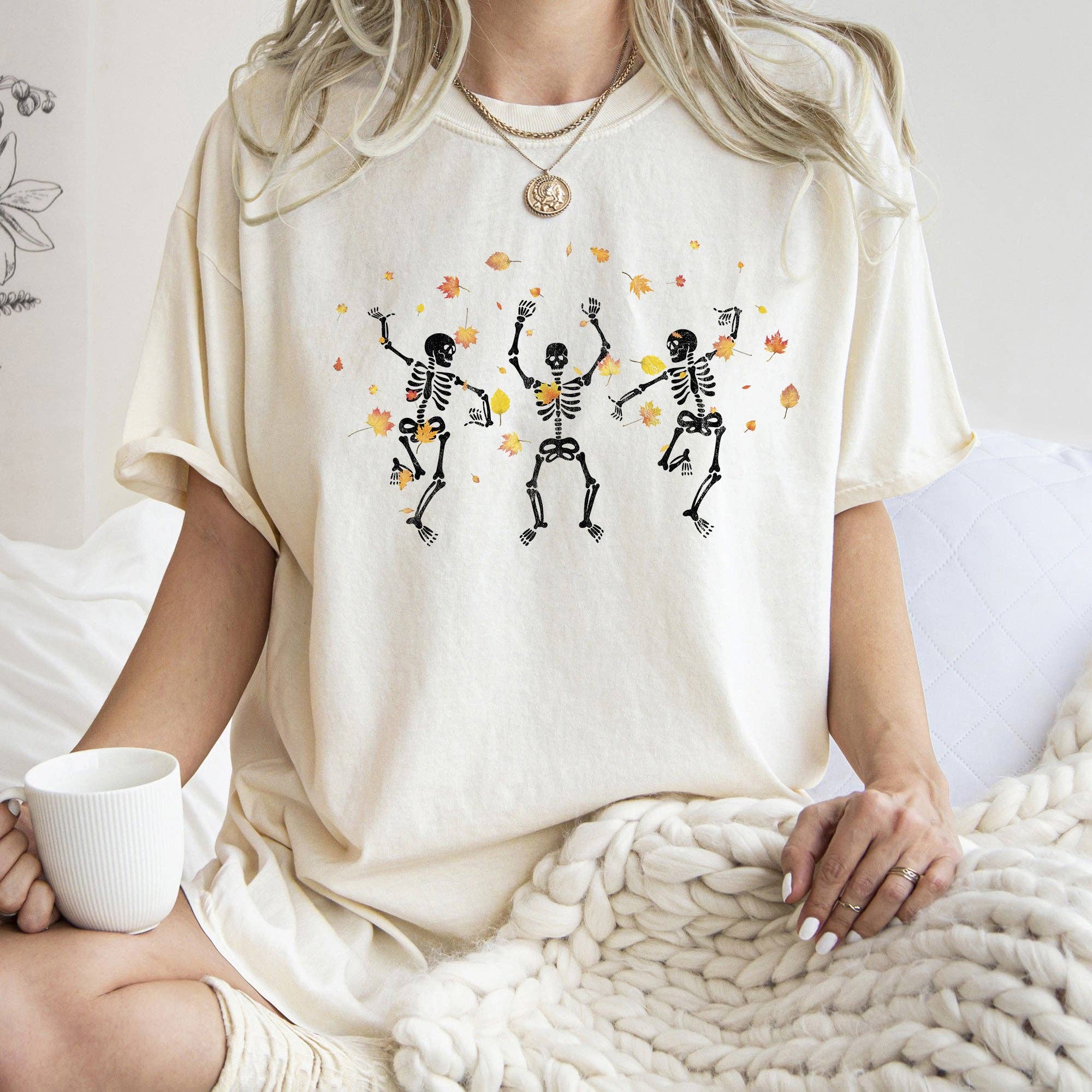 Dancing Skeletons and Leaves Retro Halloween T-Shirt Hoodie, Sweatshirt | PodTeesHub.com