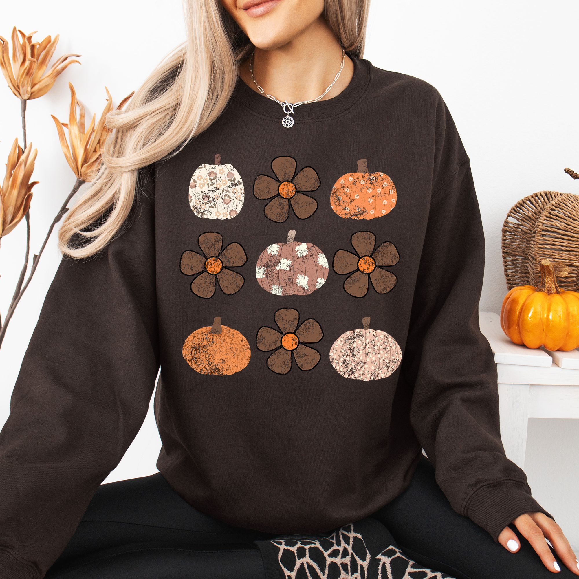 Retro Halloween, Flowers, Pumpkins Autumn Fall Sweatshirt T-Shirts, Hoodie | PodTeesHub.com