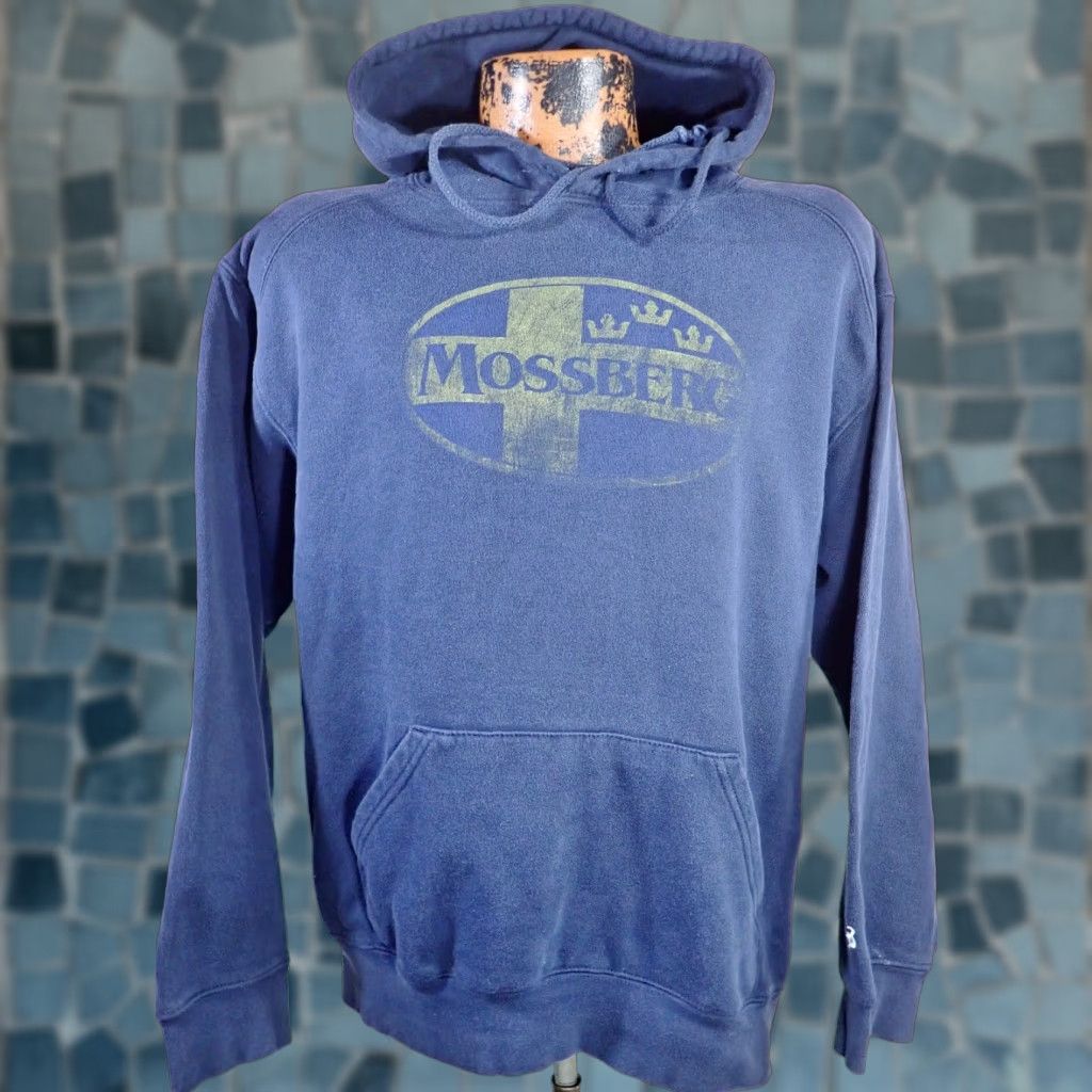 Vintage Mossberg Logo Hoodie Sweatshirt Mens M Hunting Navy Blue Badger Sports T-Shirts | PodTeesHub.com