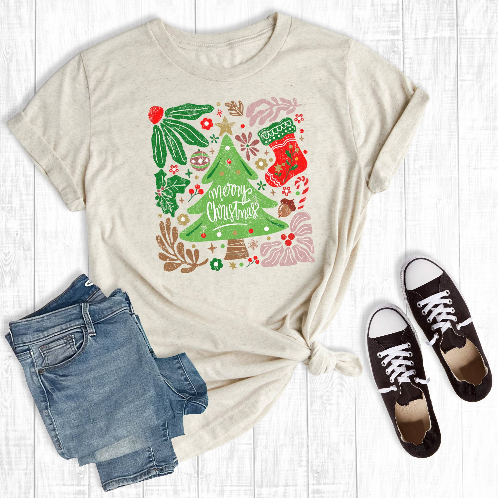 Boho Retro Merry Christmas Tree Graphic Tee Hoodie, Sweatshirt | PodTeesHub.com