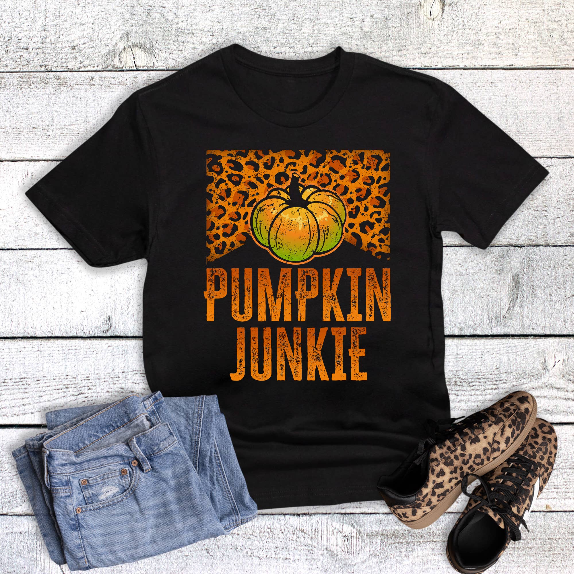 Fall Pumpkin Junkie Leopard Graphic Tee Hoodie, Sweatshirt | PodTeesHub.com