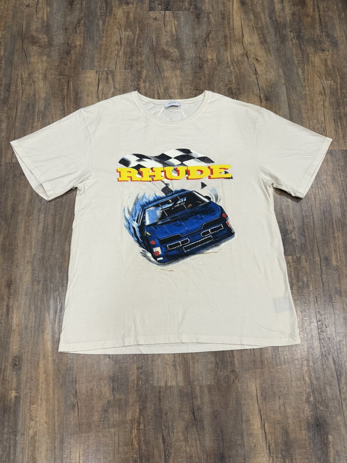 Rhude Nascar Race Logo Cream Tee Racing Tour Checkered Flag Hoodie, Sweatshirt | PodTeesHub.com