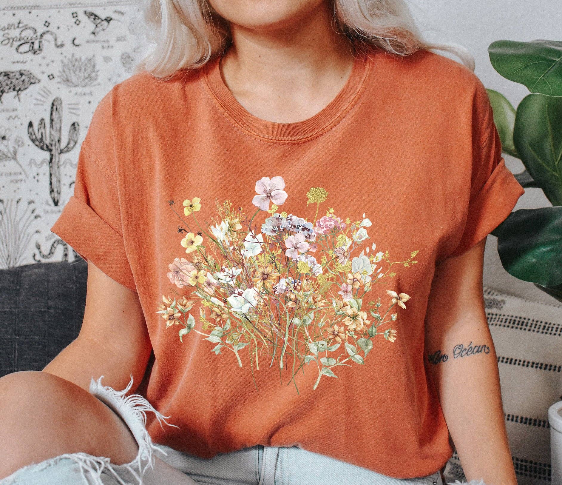 Wildflower Mix Floral Boho T-Shirt Hoodie, Sweatshirt | PodTeesHub.com