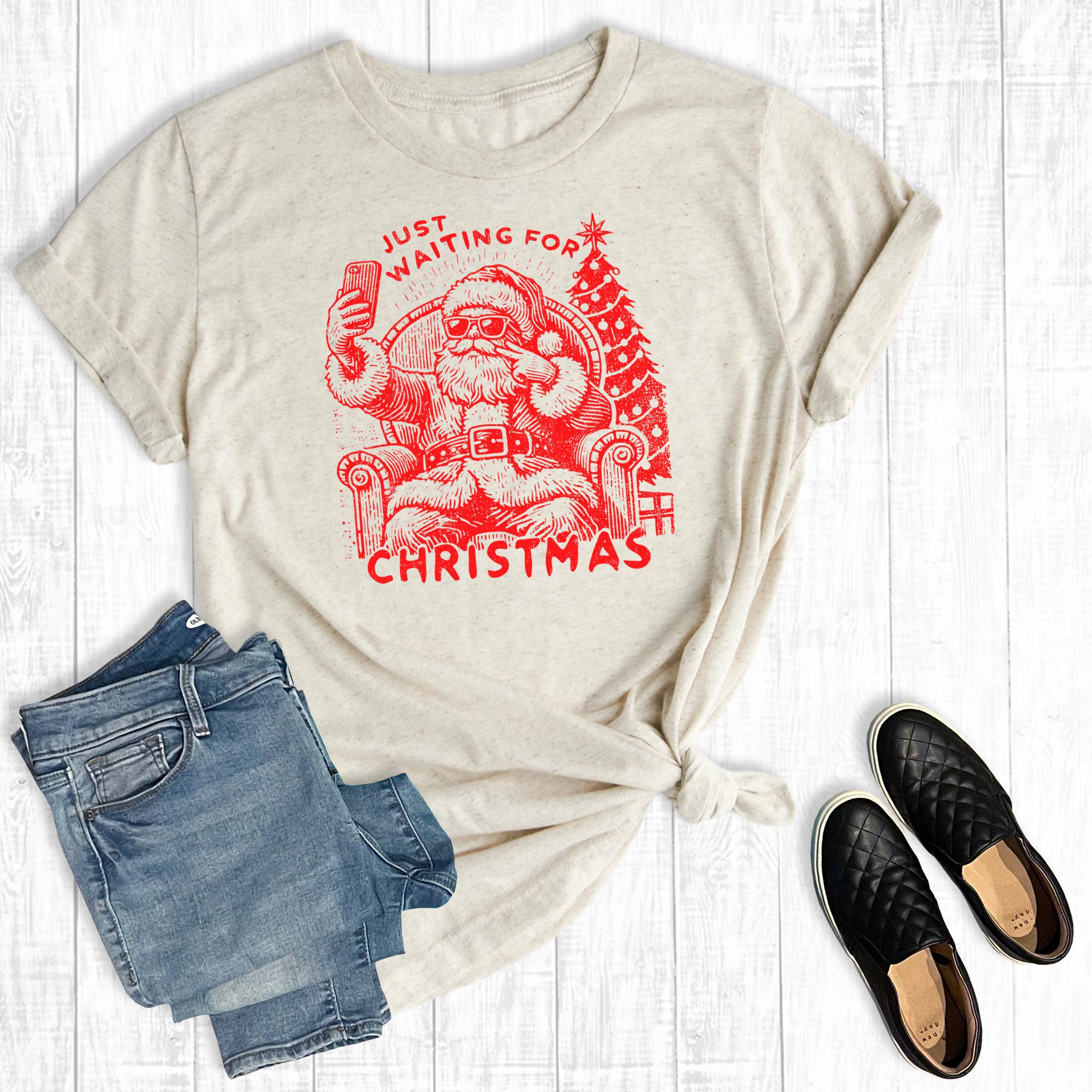 Retro Christmas Santa Just Waiting For Christmas Graphic Tee Hoodie, Sweatshirt | PodTeesHub.com