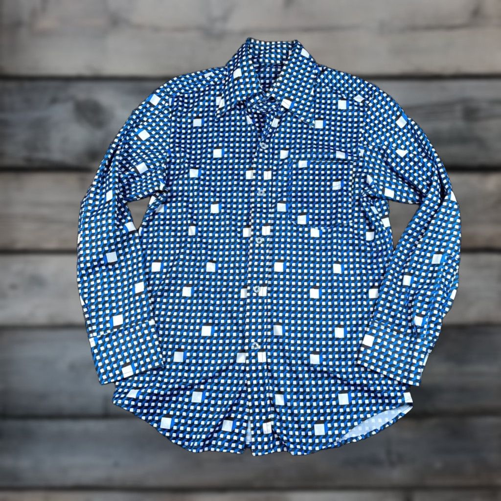 Vintage 70s Check Pattern Shirt Men M Blue White Big Collar 70s Bohemian Hipster Retro Shirt Hoodie, Sweatshirt