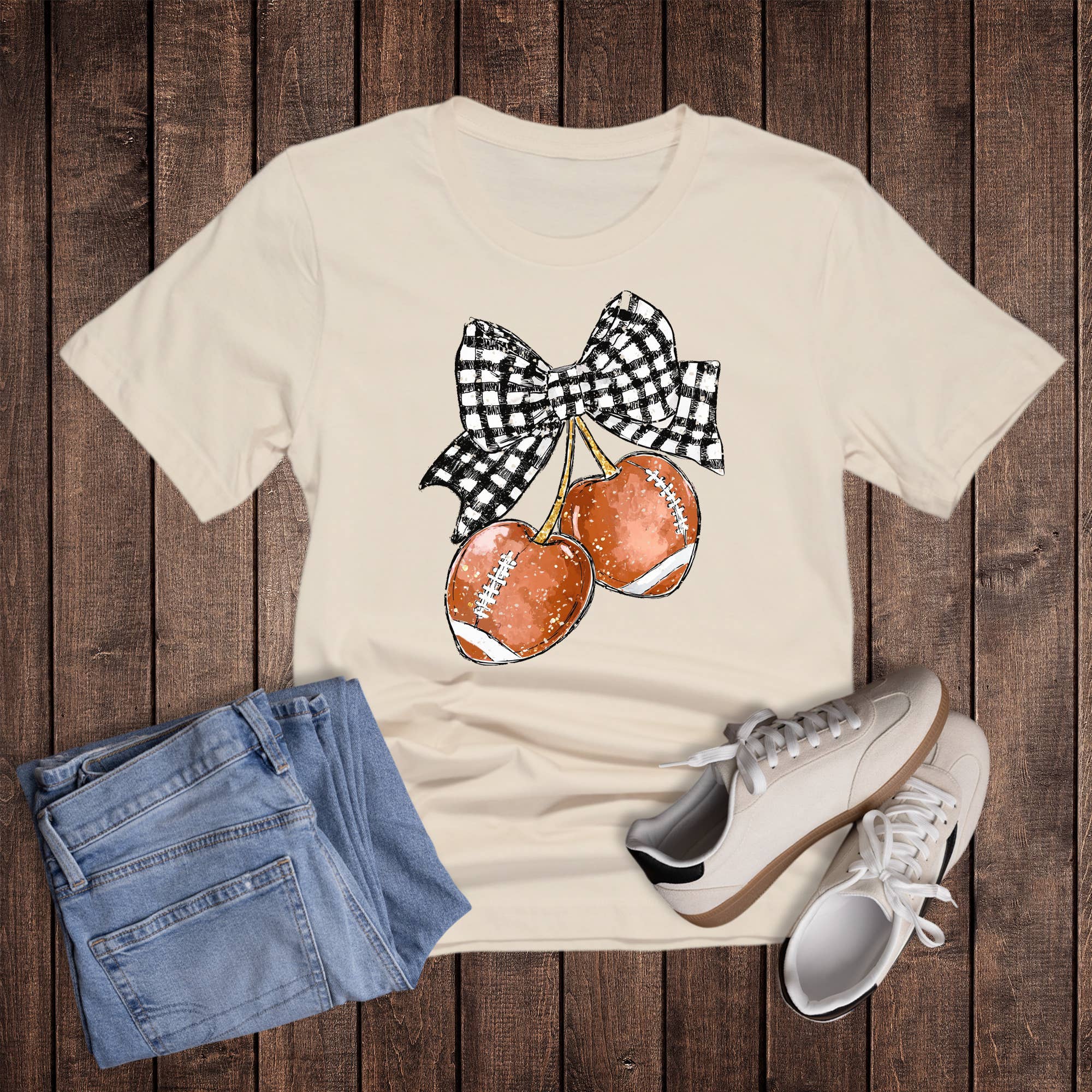 Football Cherries Check Bow Graphic Tee Hoodie, Sweatshirt | PodTeesHub.com