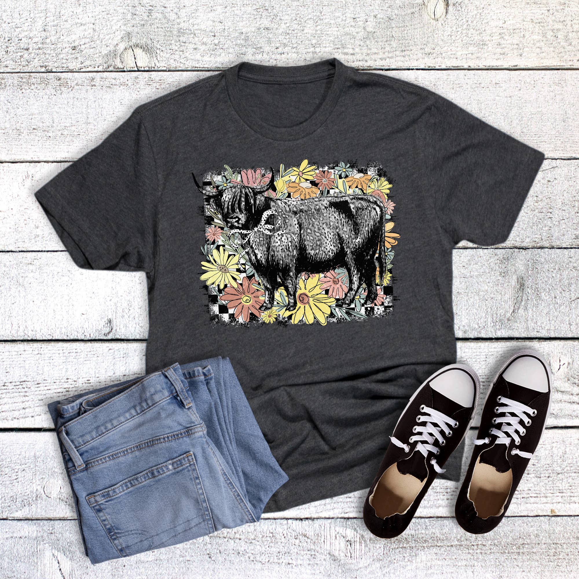 Checker Wildflower Highland Cow Graphic Tee Hoodie, Sweatshirt | PodTeesHub.com
