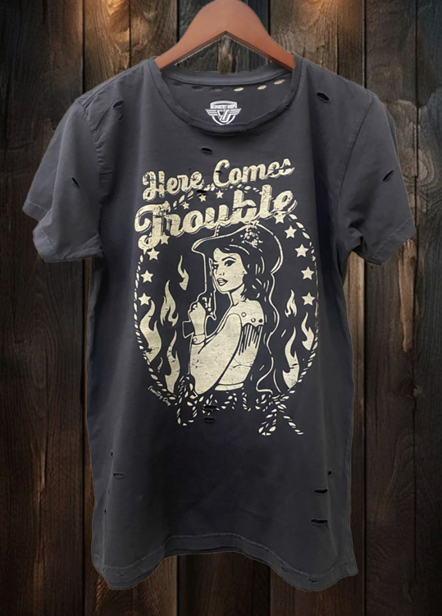 Here Comes Trouble Distressed T Shirt Hoodie, Sweatshirt | PodTeesHub.com