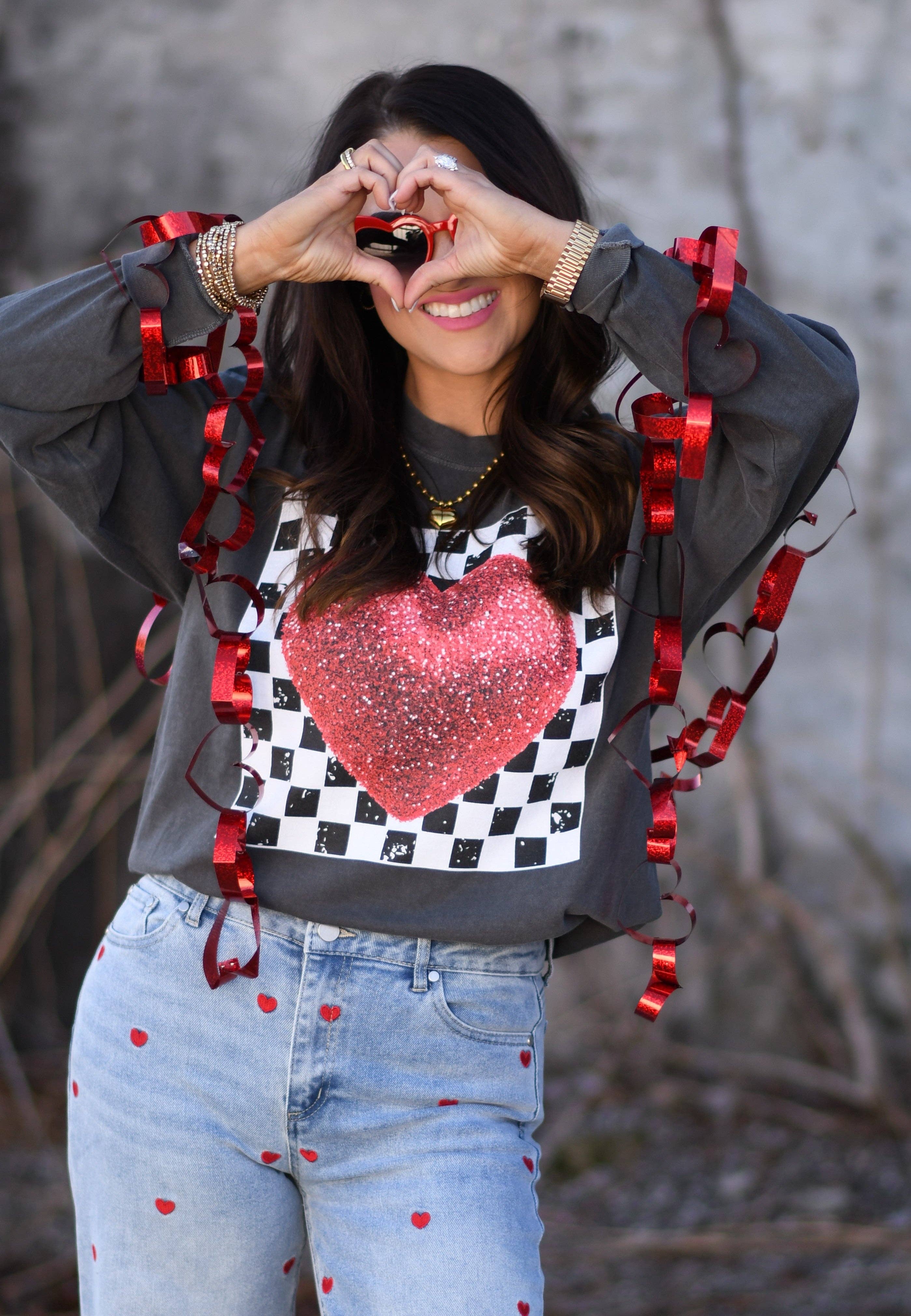 Glittered Checkered Heart Tee / Long Sleeve Tee Hoodie, Sweatshirt | PodTeesHub.com