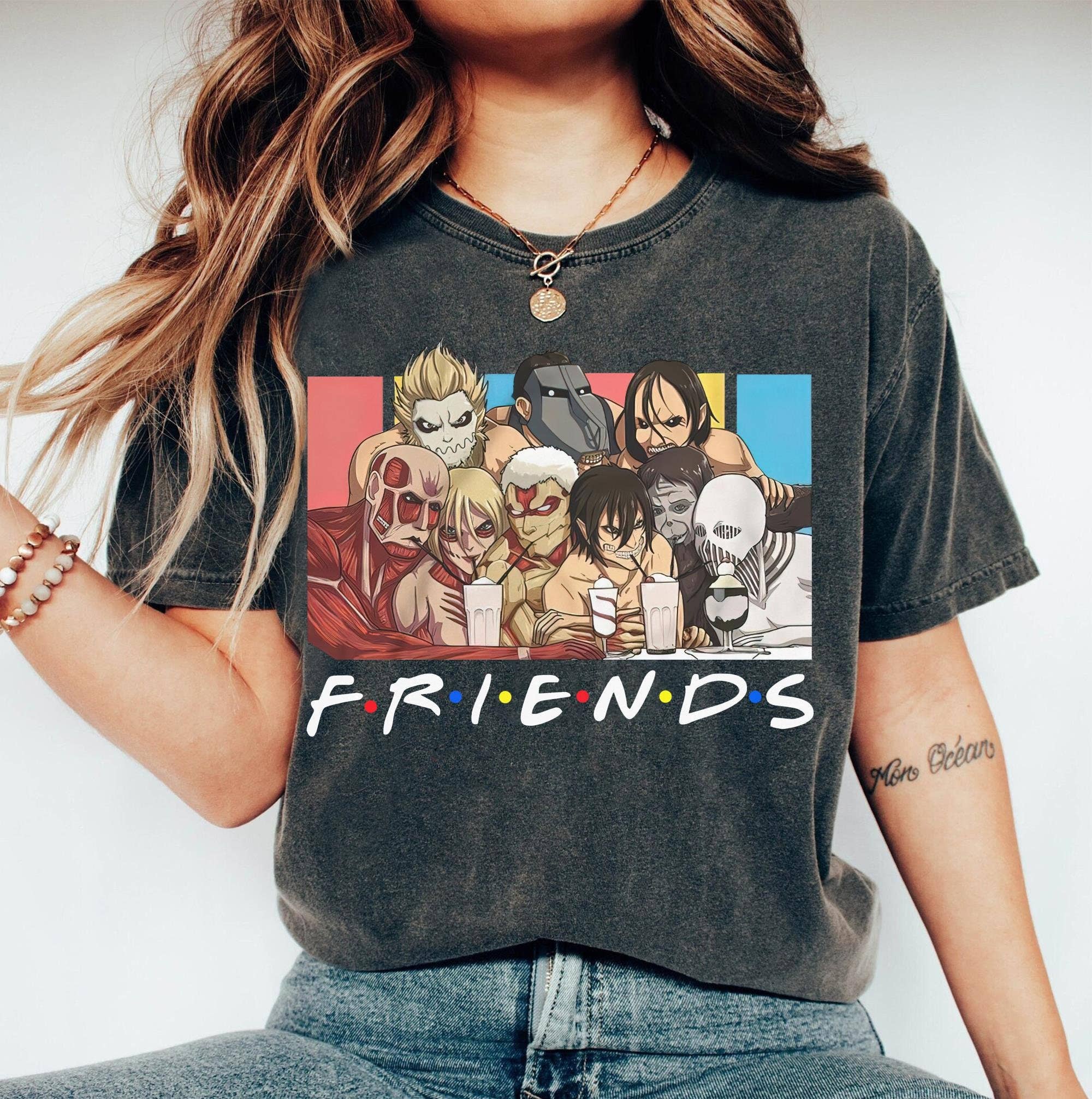 Friends Tv Show & Attack On Titan Vintage Anime Tee - Unisex Hoodie, Sweatshirt | PodTeesHub.com