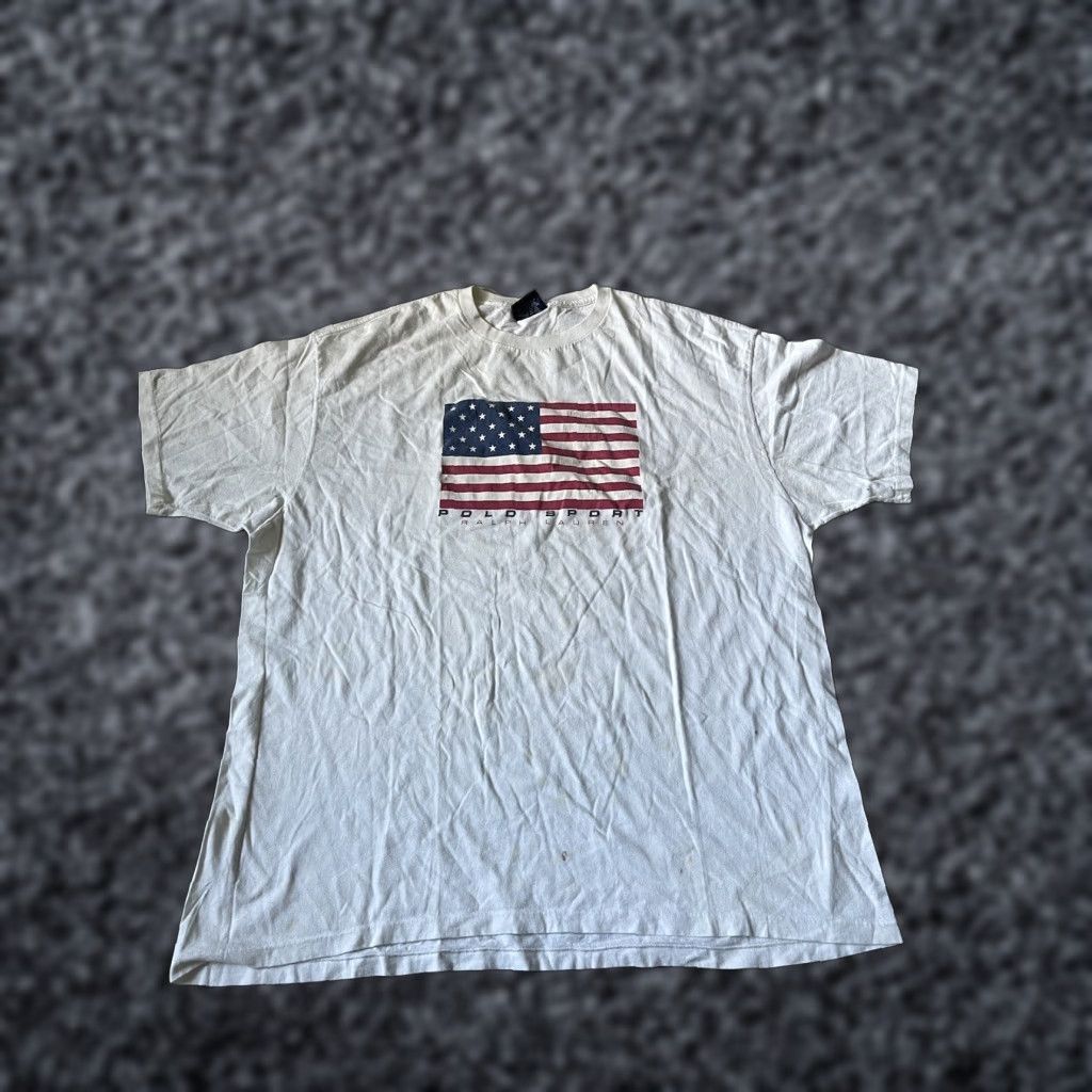 Lauren Vintage Ralph Lauren Polo Sport T Shirt Usa Flag 90s Xl White Cotton Logo Short Sleeve Hoodie, Sweatshirt