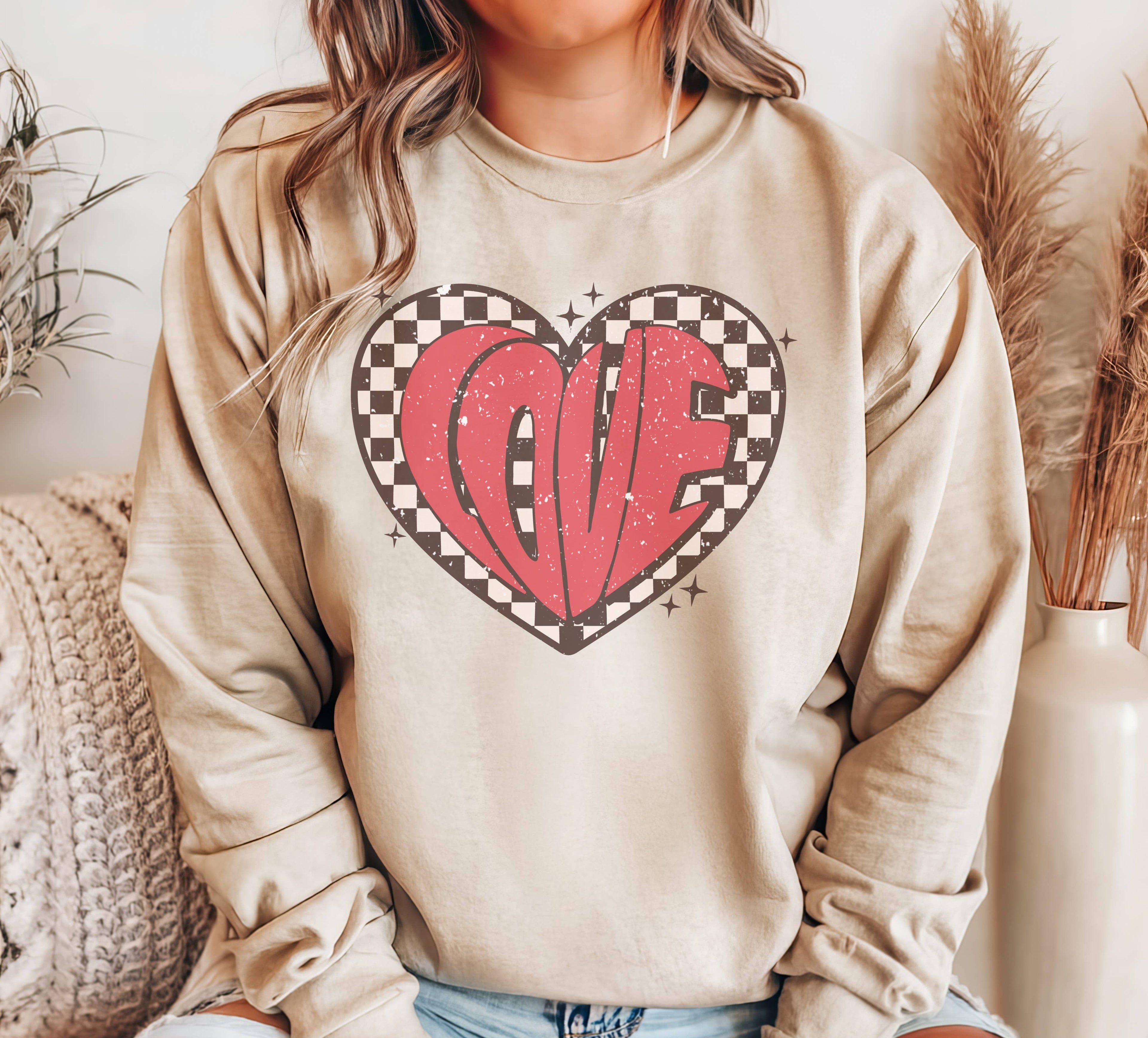 Checkered Love Heart Crew Neck Sweatshirt Valentines T-Shirts, Hoodie | PodTeesHub.com