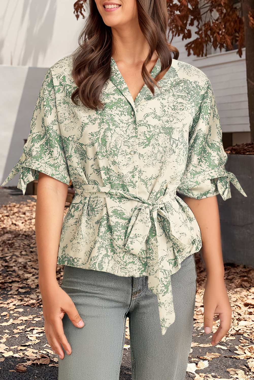 Landscape Print Sash Tie 3/4 Sleeve Top Style Shirt (S-Xl) Hoodie, Sweatshirt | PodTeesHub.com
