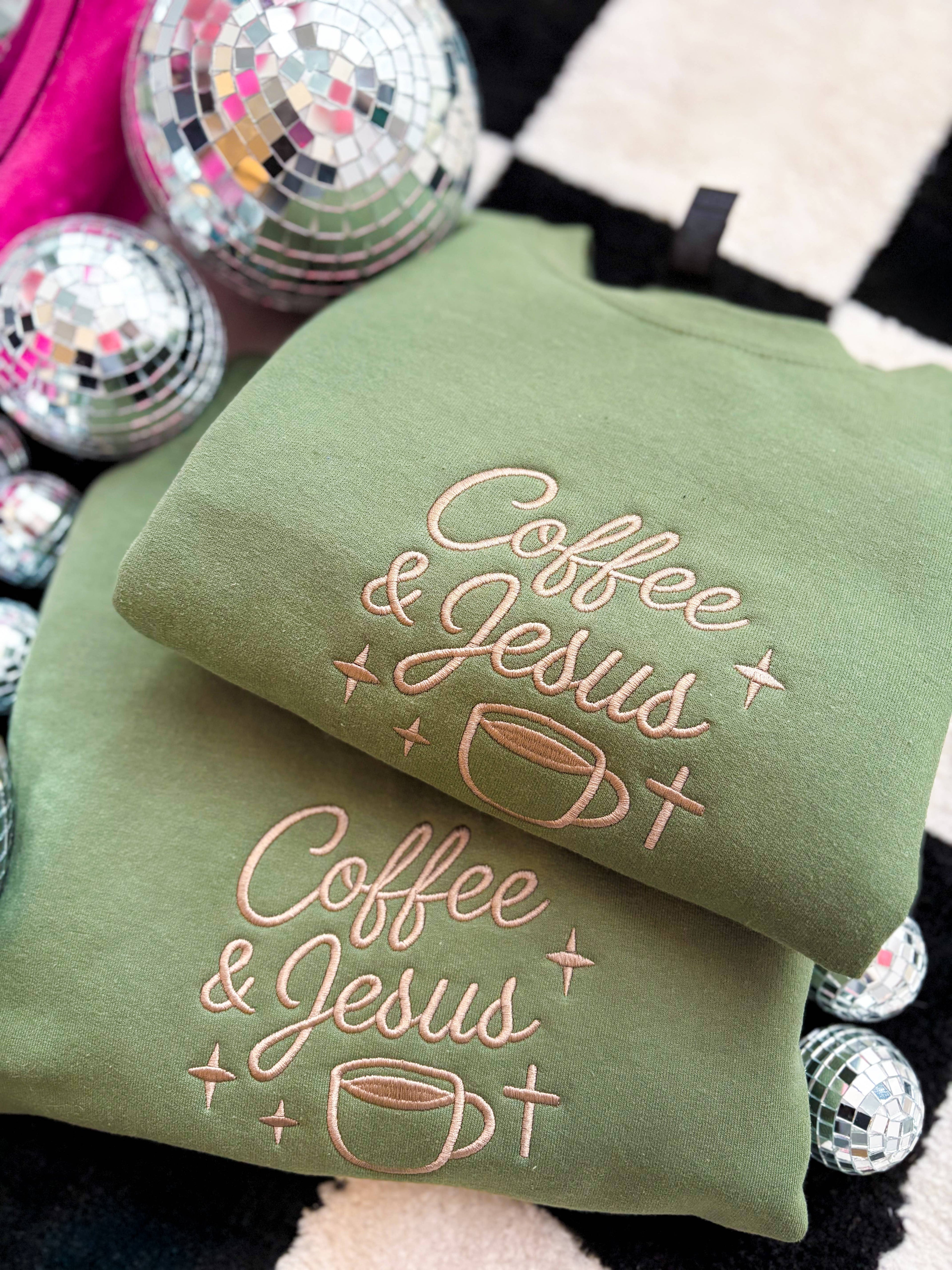 Coffee & Jesus Embroidered Crewneck Sweatshirt | Faith Based T-Shirts, Hoodie | PodTeesHub.com