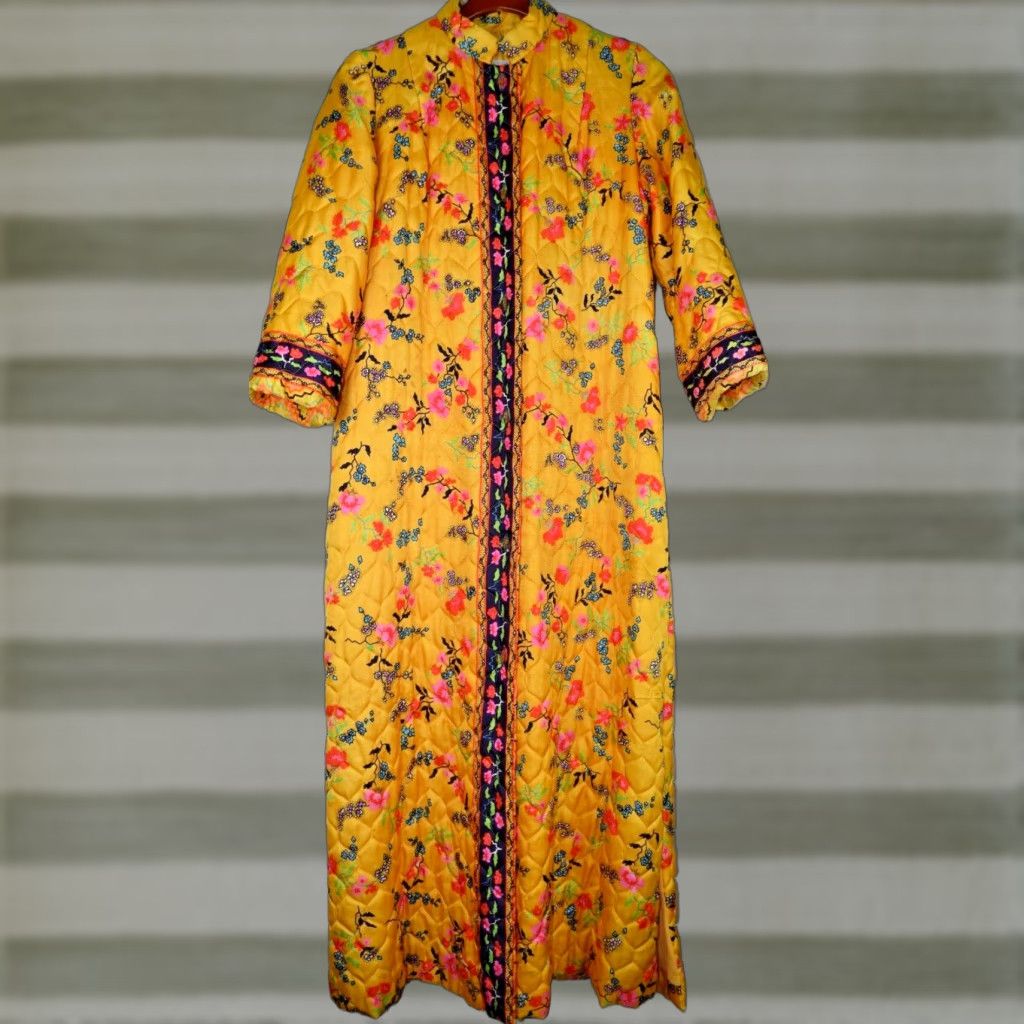 Vintage Louise Marie Quilted Coat S Maxi Size S M 70s Marigold Yellow Asian Floral 38 Chest T-Shirts, Hoodie, Sweatshirt