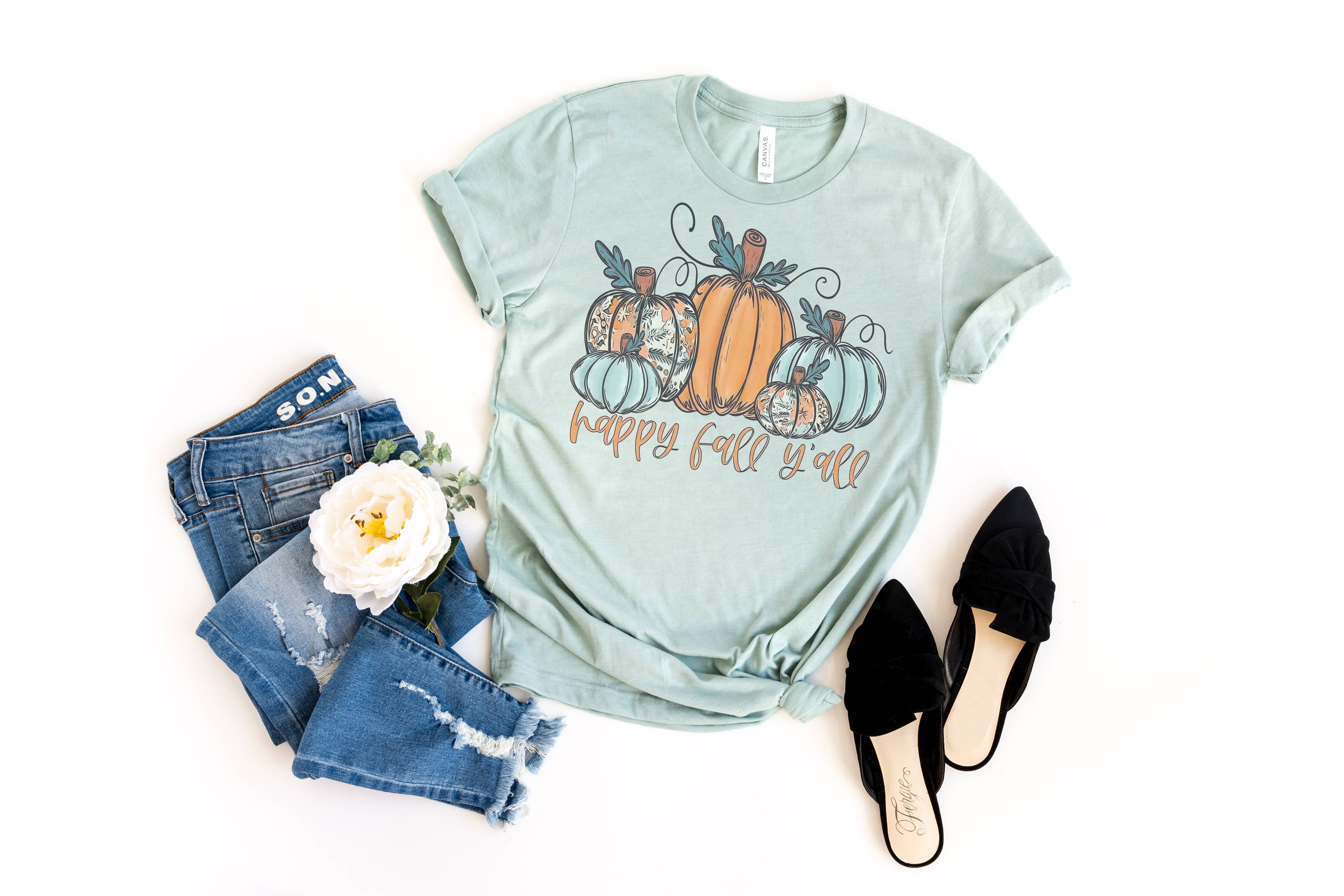 Blue and Orange Happy Fall Y'all Graphic Tee Hoodie, Sweatshirt | PodTeesHub.com