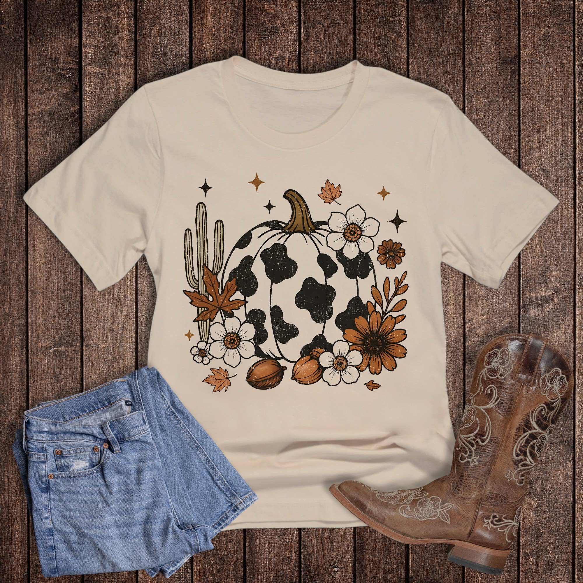 Western Fall Cactus and Pumpkin Graphic Tee Hoodie, Sweatshirt | PodTeesHub.com