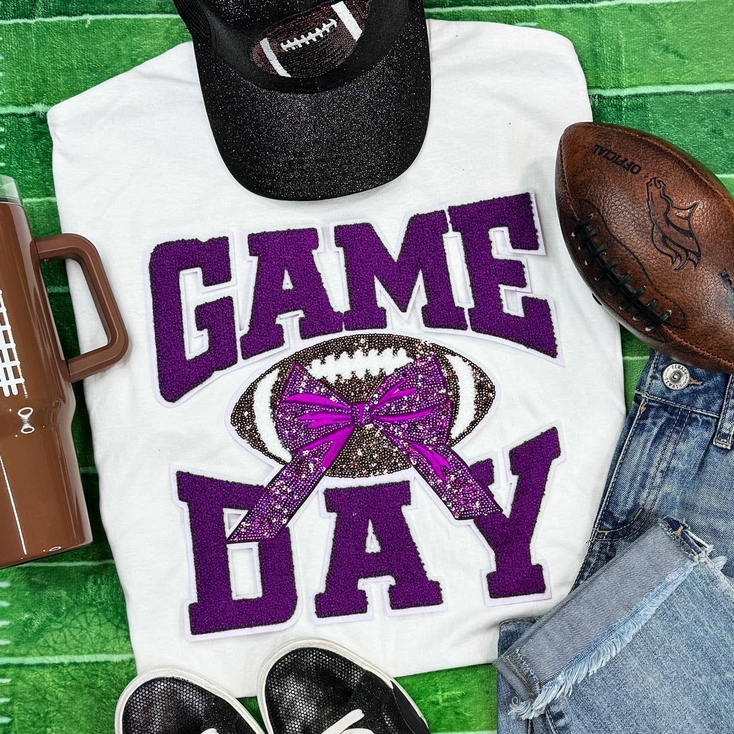 Purple Chenille Football Game Day with Sequin Bow White Tee Hoodie, Sweatshirt | PodTeesHub.com