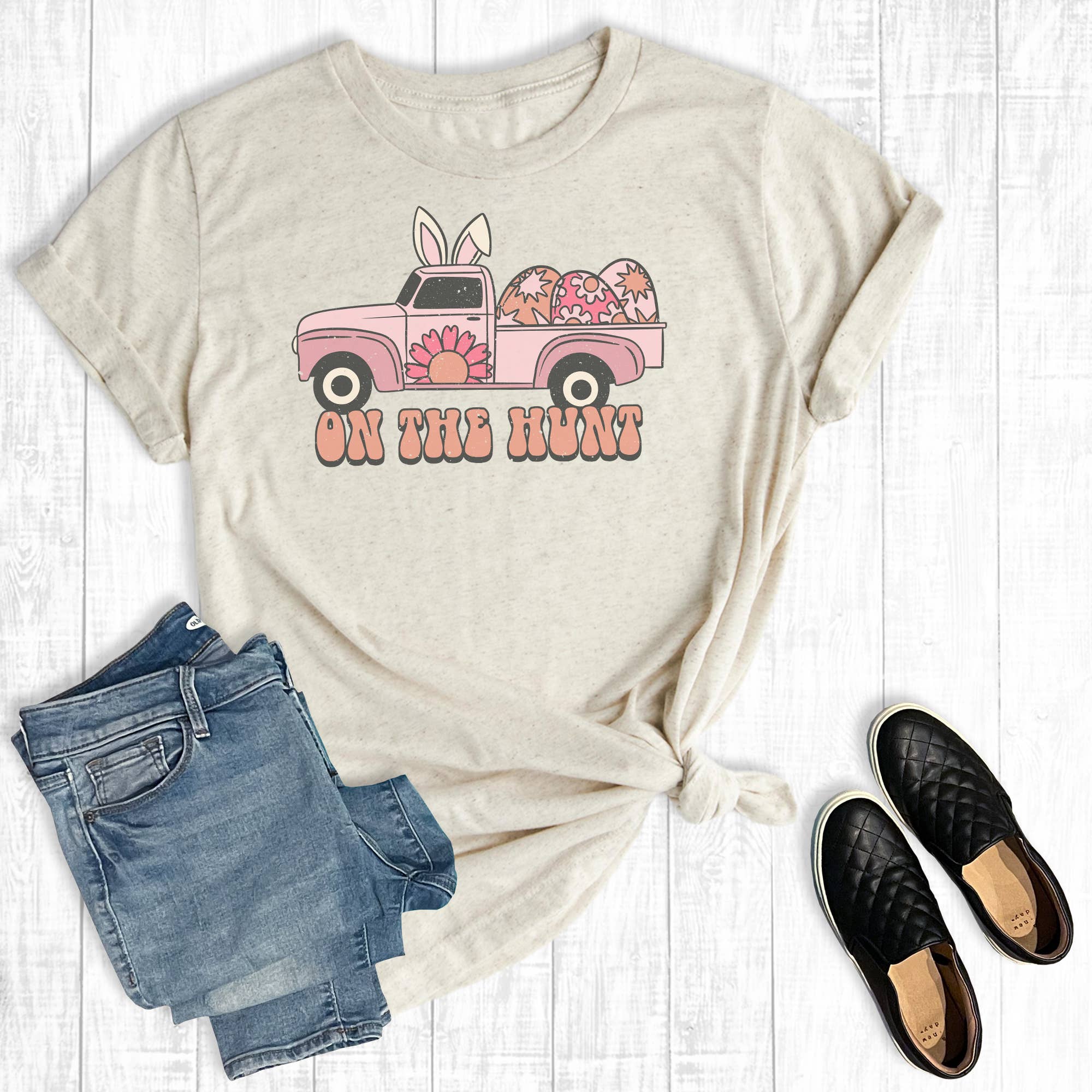 On the Hunt Easter Bunny Truck Graphic Tee Hoodie, Sweatshirt | PodTeesHub.com