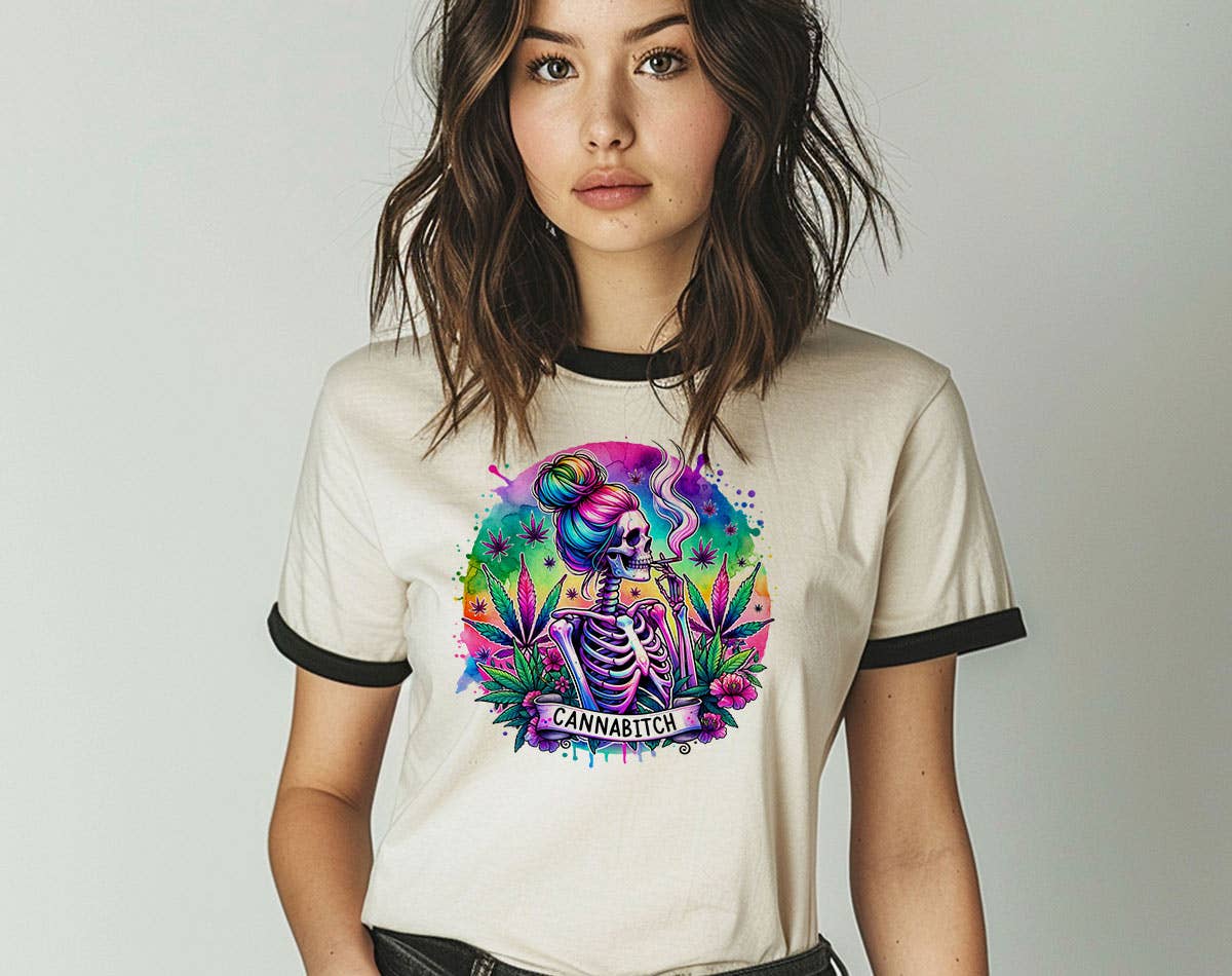 Cannabitch Skeleton Hippie -  Funny Hemp Weed Ringer Tee Hoodie, Sweatshirt | PodTeesHub.com