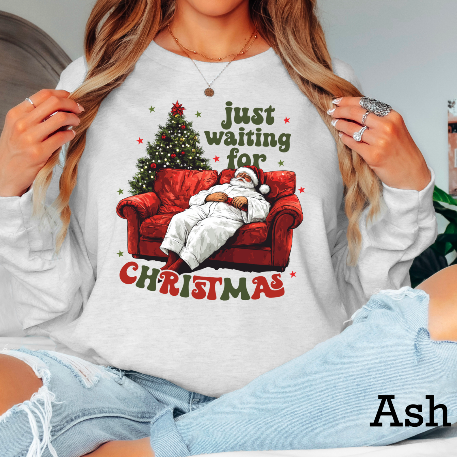 Just Waiting On Christmas 2025 Long Sleeve Shirt | Gildan Hoodie, Sweatshirt | PodTeesHub.com